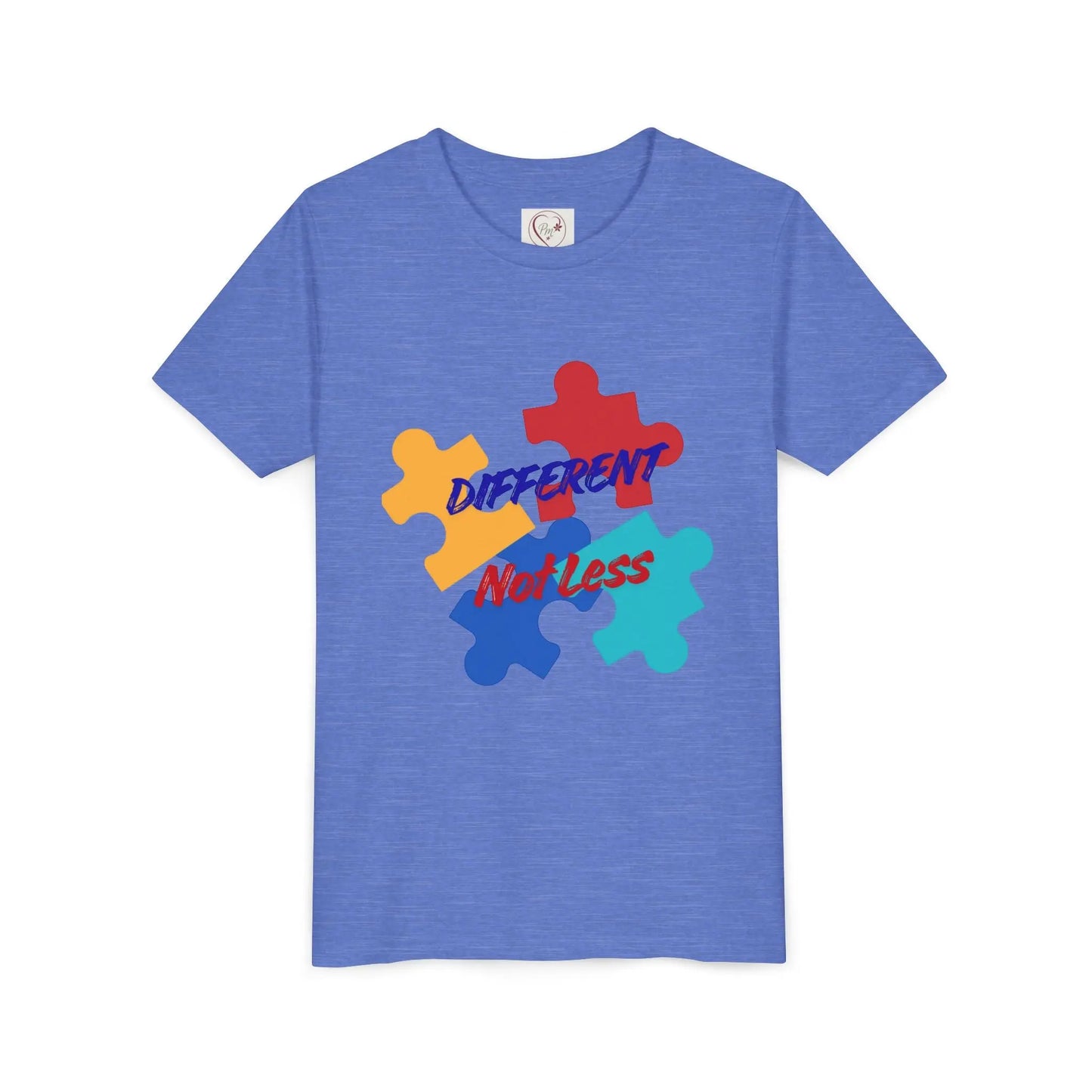 Soft cotton youth tee with colorful puzzle pieces and Different Not Less message. Celebrates neurodiversity and individuality. Sizes 2T-5T. Heather Columbia Blue