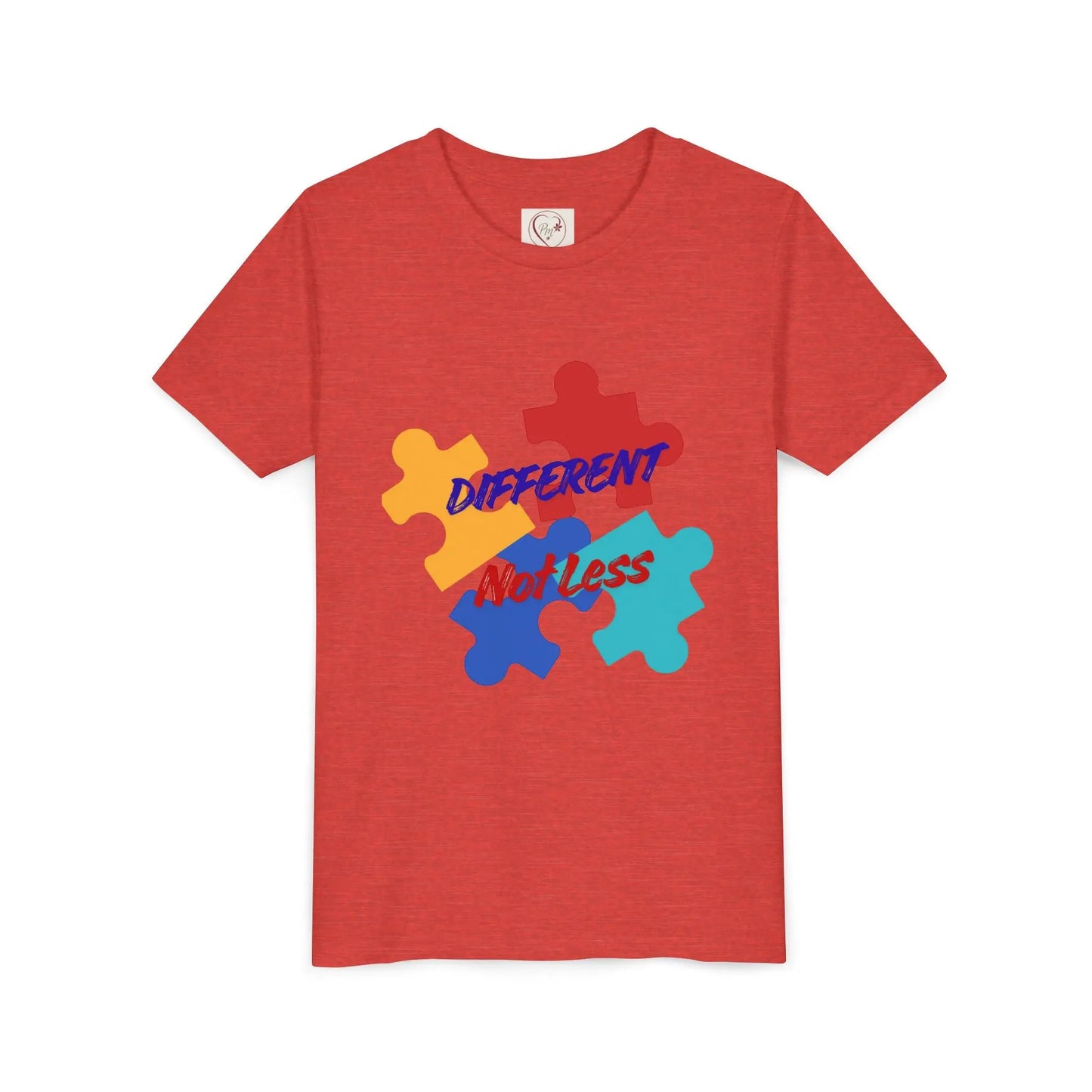Soft cotton youth tee with colorful puzzle pieces and Different Not Less message. Celebrates neurodiversity and individuality. Sizes 2T-5T.
Heather Red