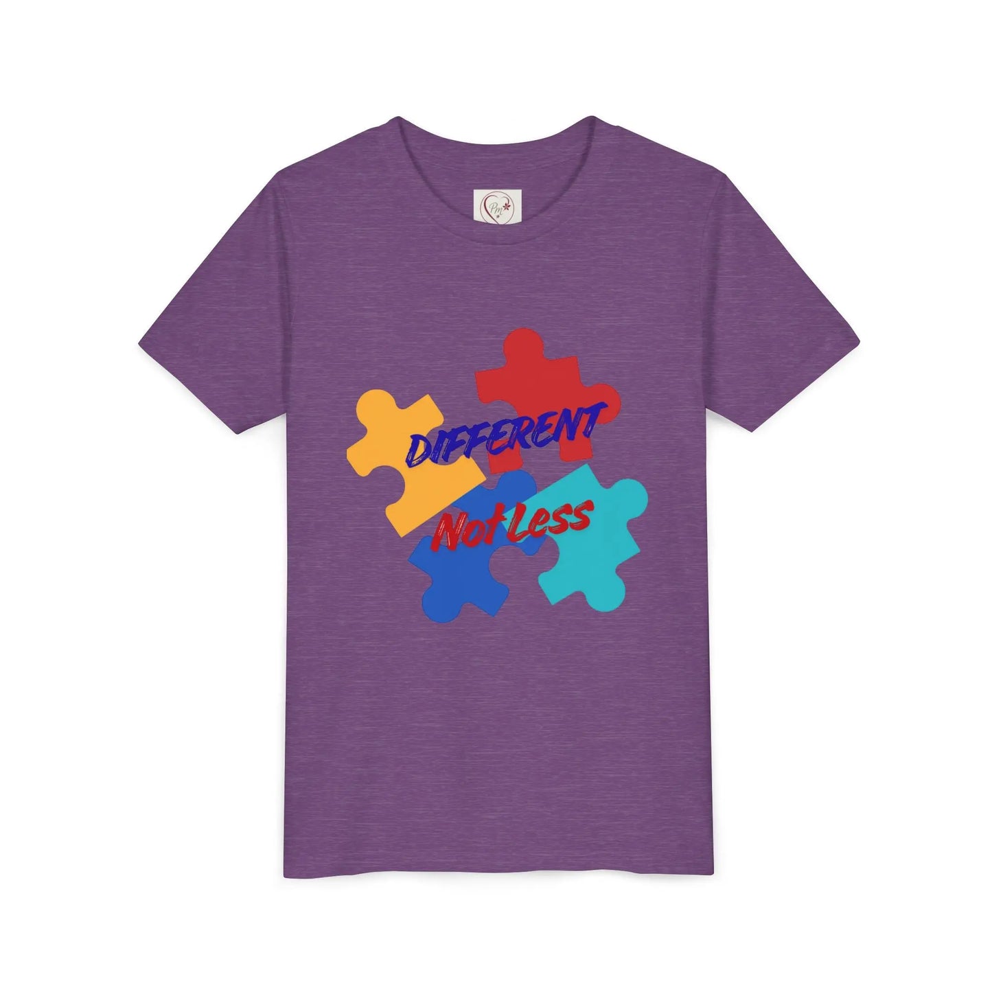 Soft cotton youth tee with colorful puzzle pieces and Different Not Less message. Celebrates neurodiversity and individuality. Sizes 2T-5T. Heather Team Purple

