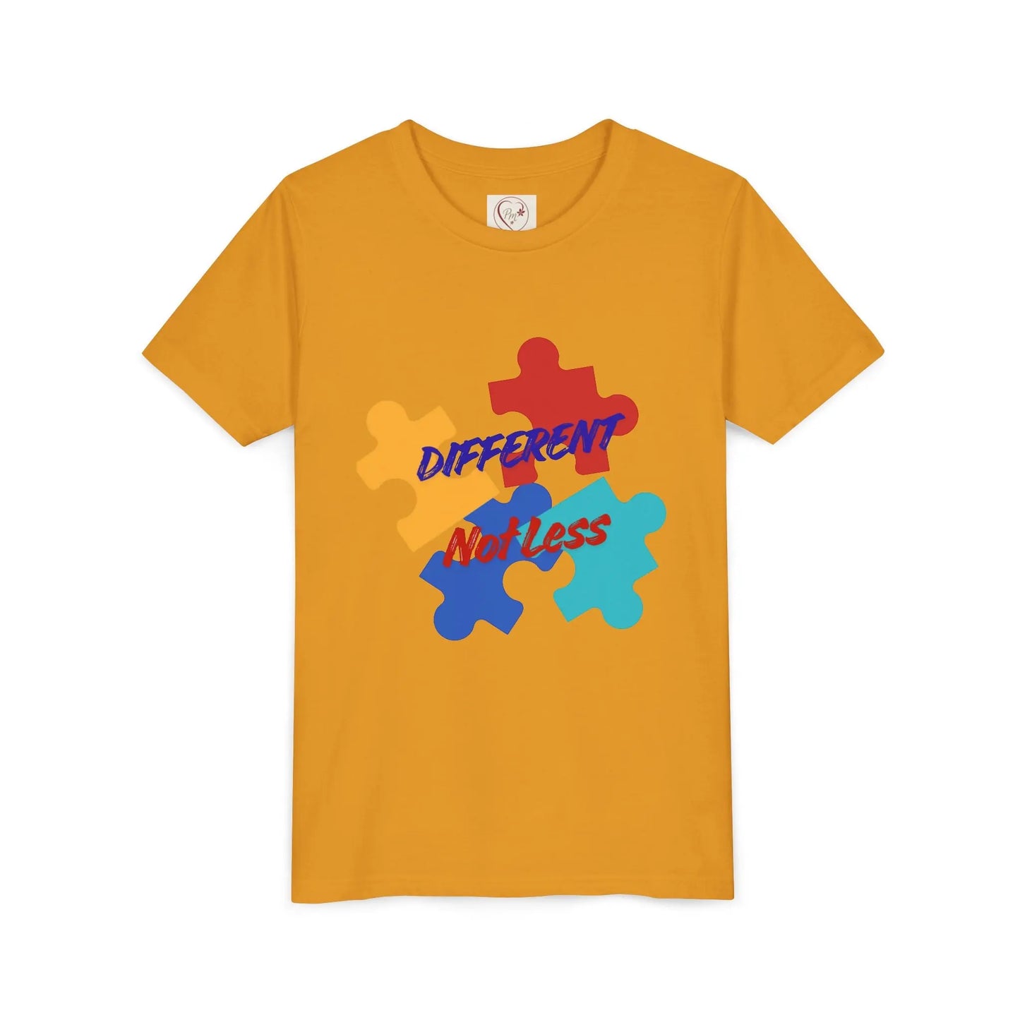 Soft cotton youth tee with colorful puzzle pieces and Different Not Less message. Celebrates neurodiversity and individuality. Sizes 2T-5T. Mustard
