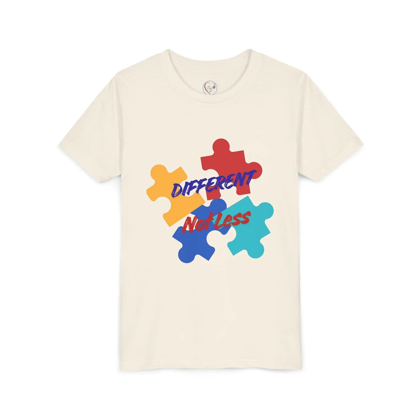 Soft cotton youth tee with colorful puzzle pieces and Different Not Less message. Celebrates neurodiversity and individuality. Sizes 2T-5T. Natural