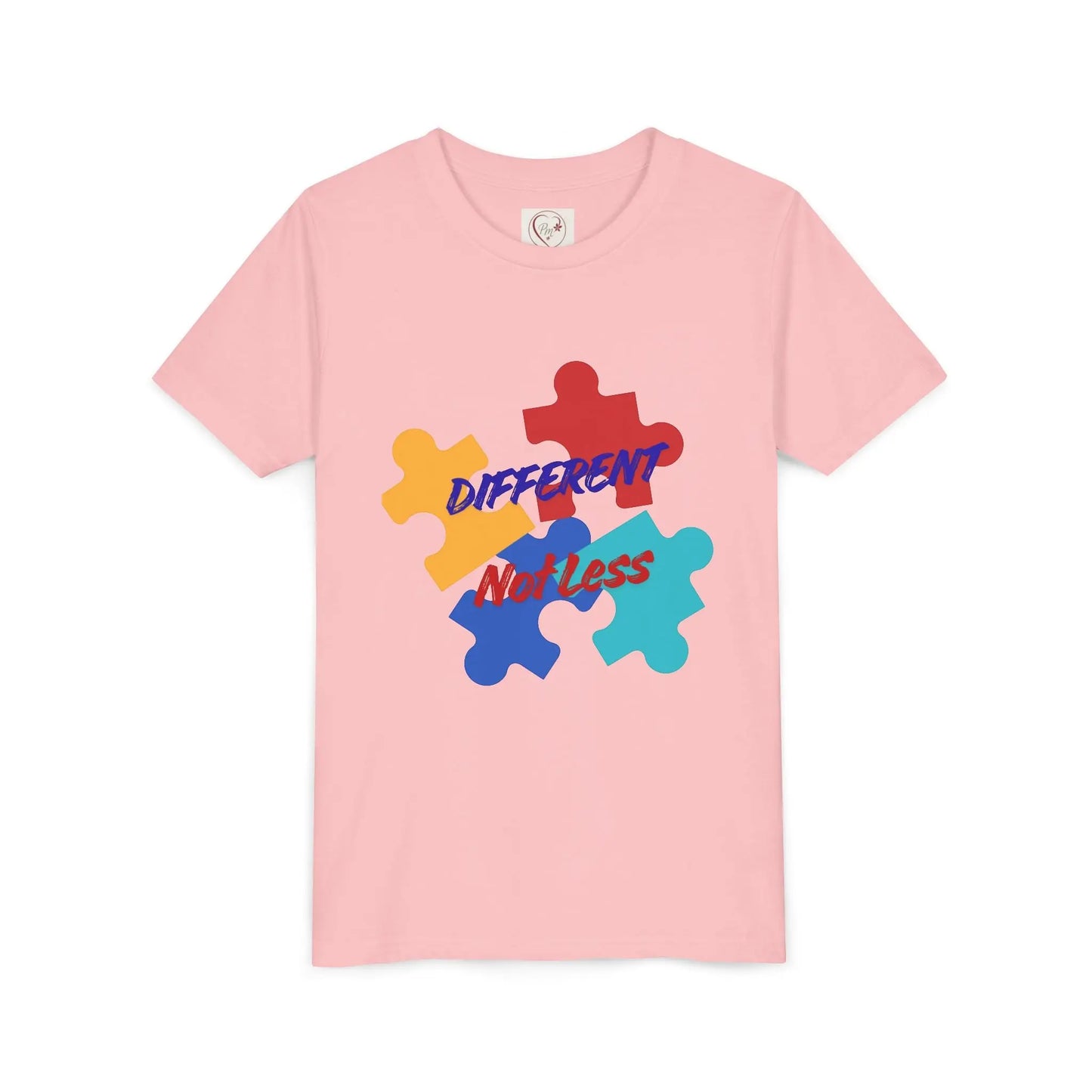 Soft cotton youth tee with colorful puzzle pieces and Different Not Less message. Celebrates neurodiversity and individuality. Sizes 2T-5T.
Pink