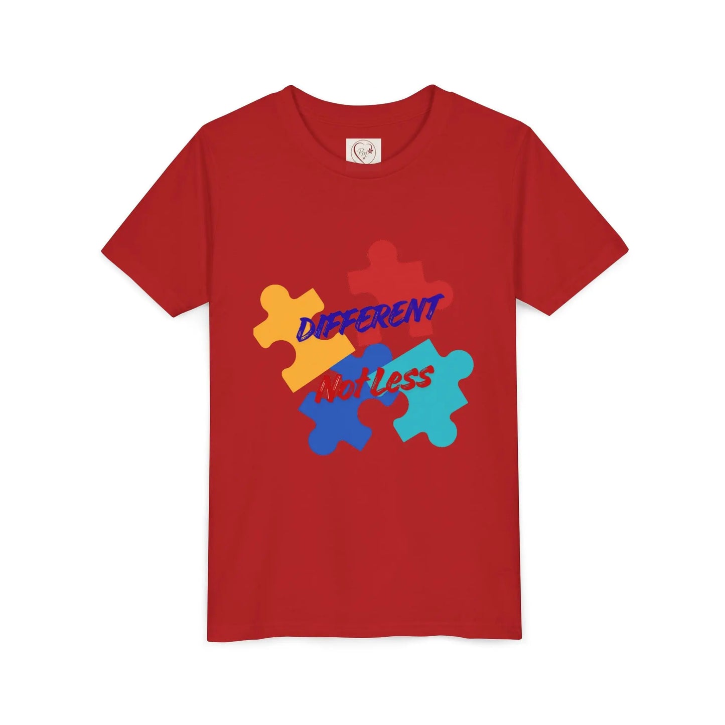 Soft cotton youth tee with colorful puzzle pieces and Different Not Less message. Celebrates neurodiversity and individuality. Sizes 2T-5T.
Red