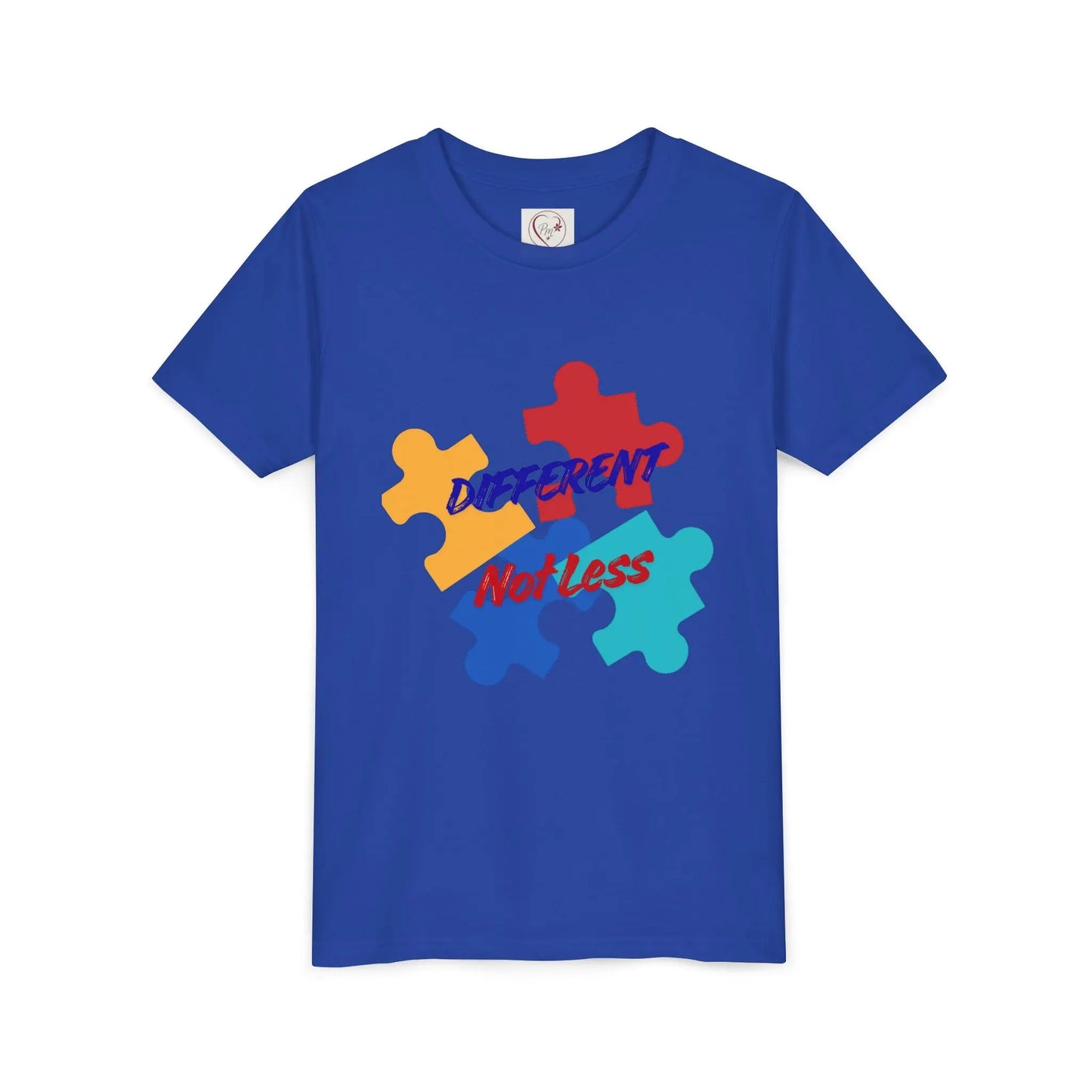 Soft cotton youth tee with colorful puzzle pieces and Different Not Less message. Celebrates neurodiversity and individuality. Sizes 2T-5T. True Royal