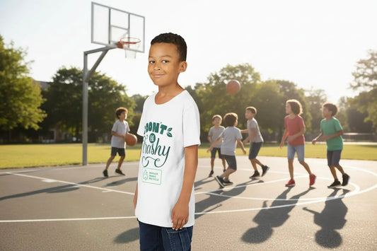 Youth wearing Don't Be Trashy tee with hand-lettered text and recycle icon in white
