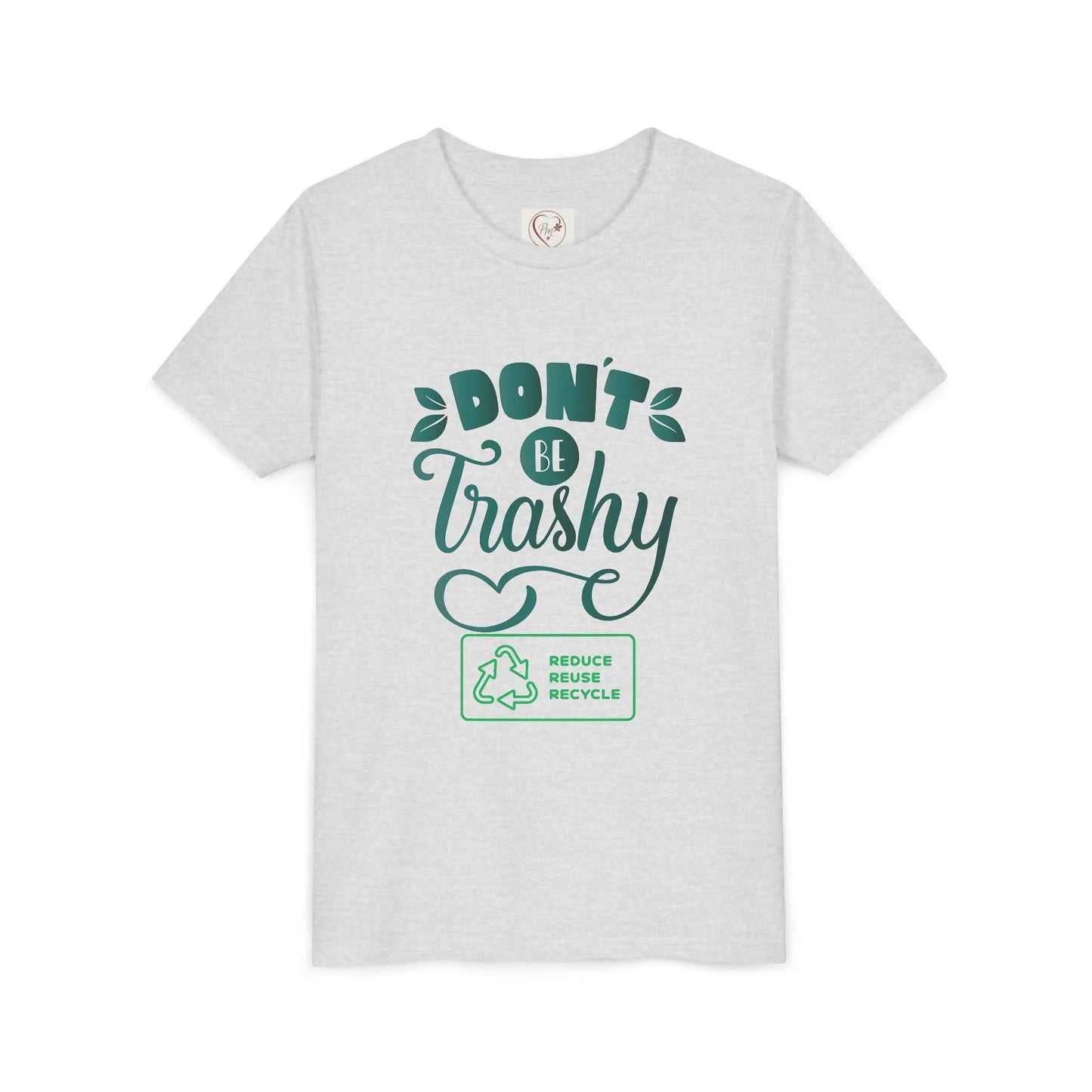 Soft cotton youth tee with Don't Be Trashy message and recycle icon. Perfect for Earth Day celebrations and eco-friendly kids. Sizes S-XL.
Ash