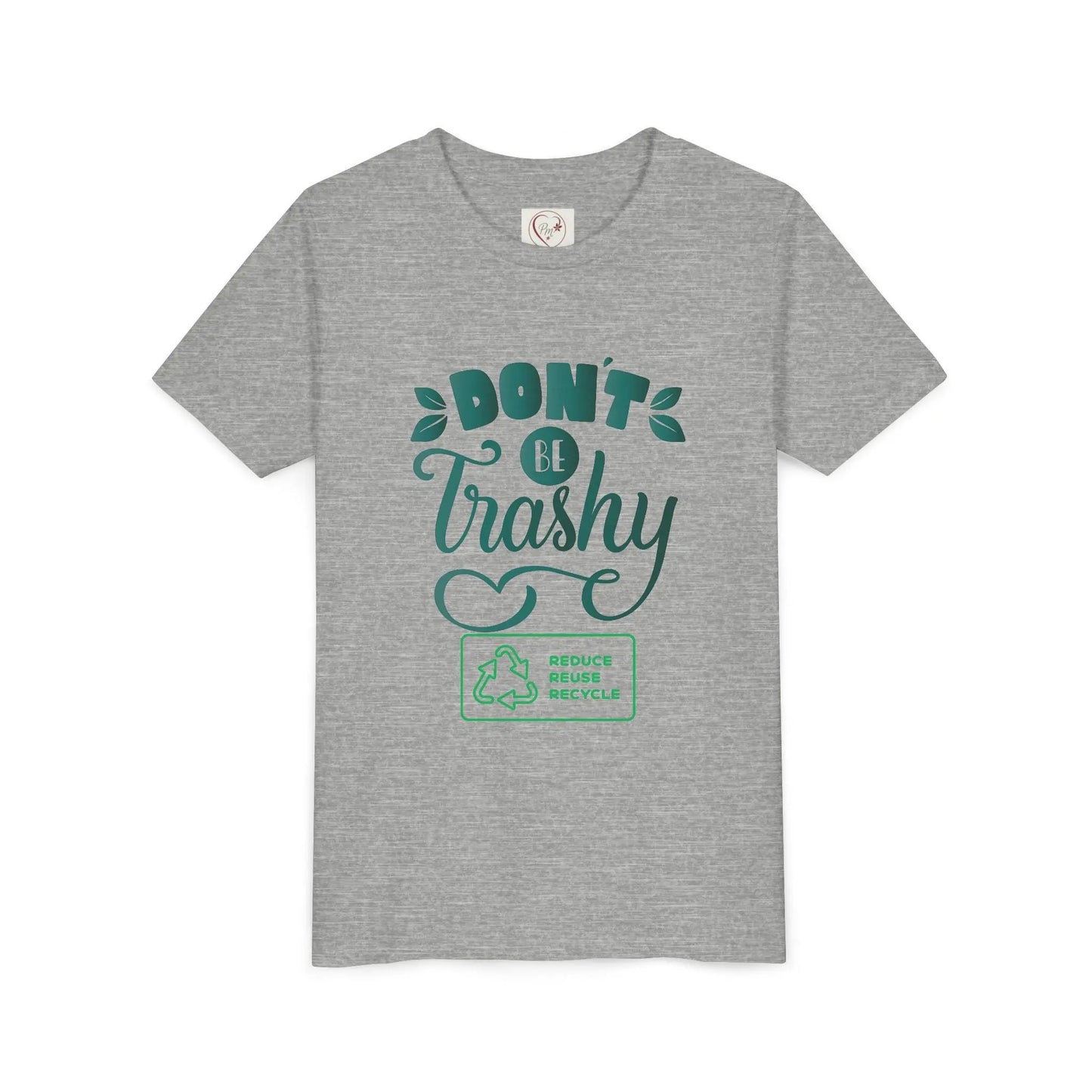 Soft cotton youth tee with Don't Be Trashy message and recycle icon. Perfect for Earth Day celebrations and eco-friendly kids. Sizes S-XL.
Athletic Grey