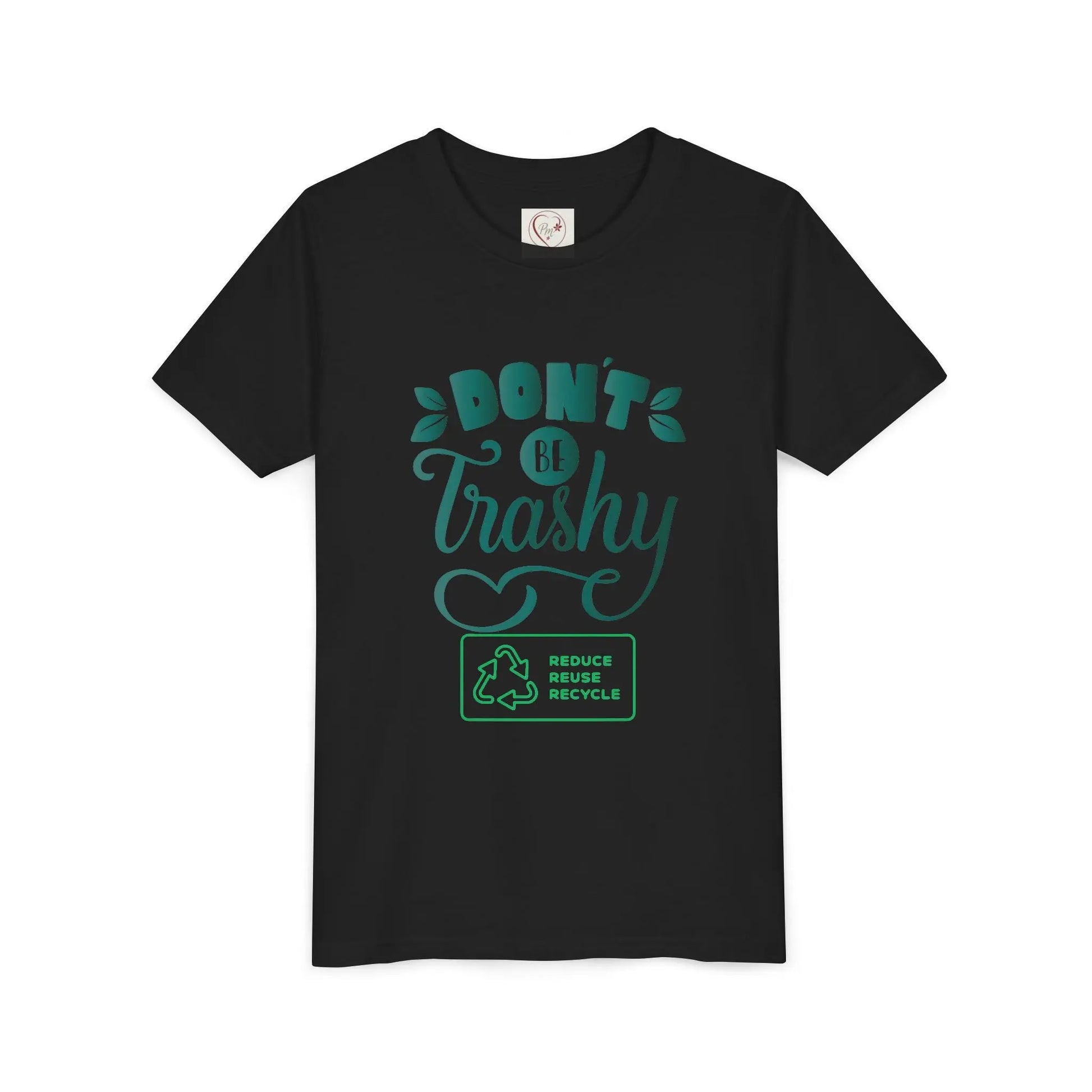 Soft cotton youth tee with Don't Be Trashy message and recycle icon. Perfect for Earth Day celebrations and eco-friendly kids. Sizes S-XL.
Black