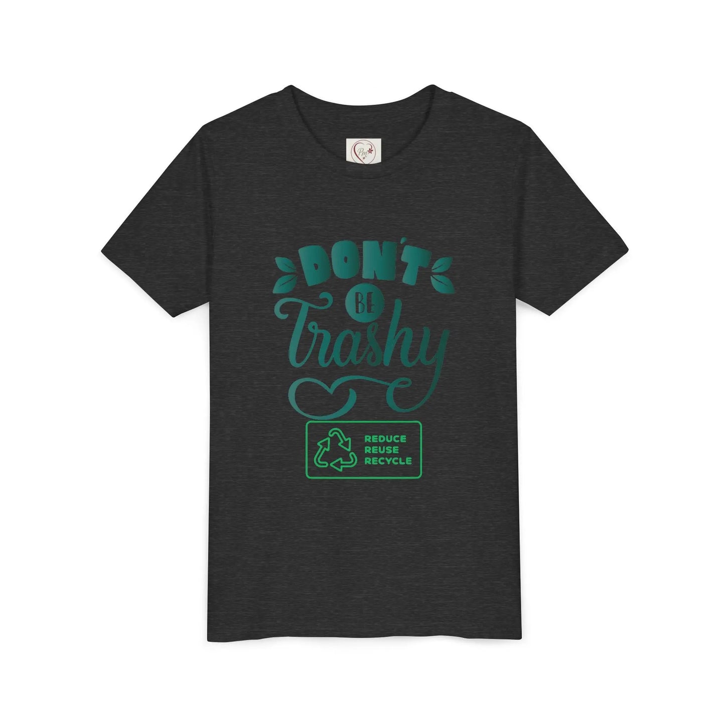 Soft cotton youth tee with Don't Be Trashy message and recycle icon. Perfect for Earth Day celebrations and eco-friendly kids. Sizes S-XL.
Dark Heather Grey