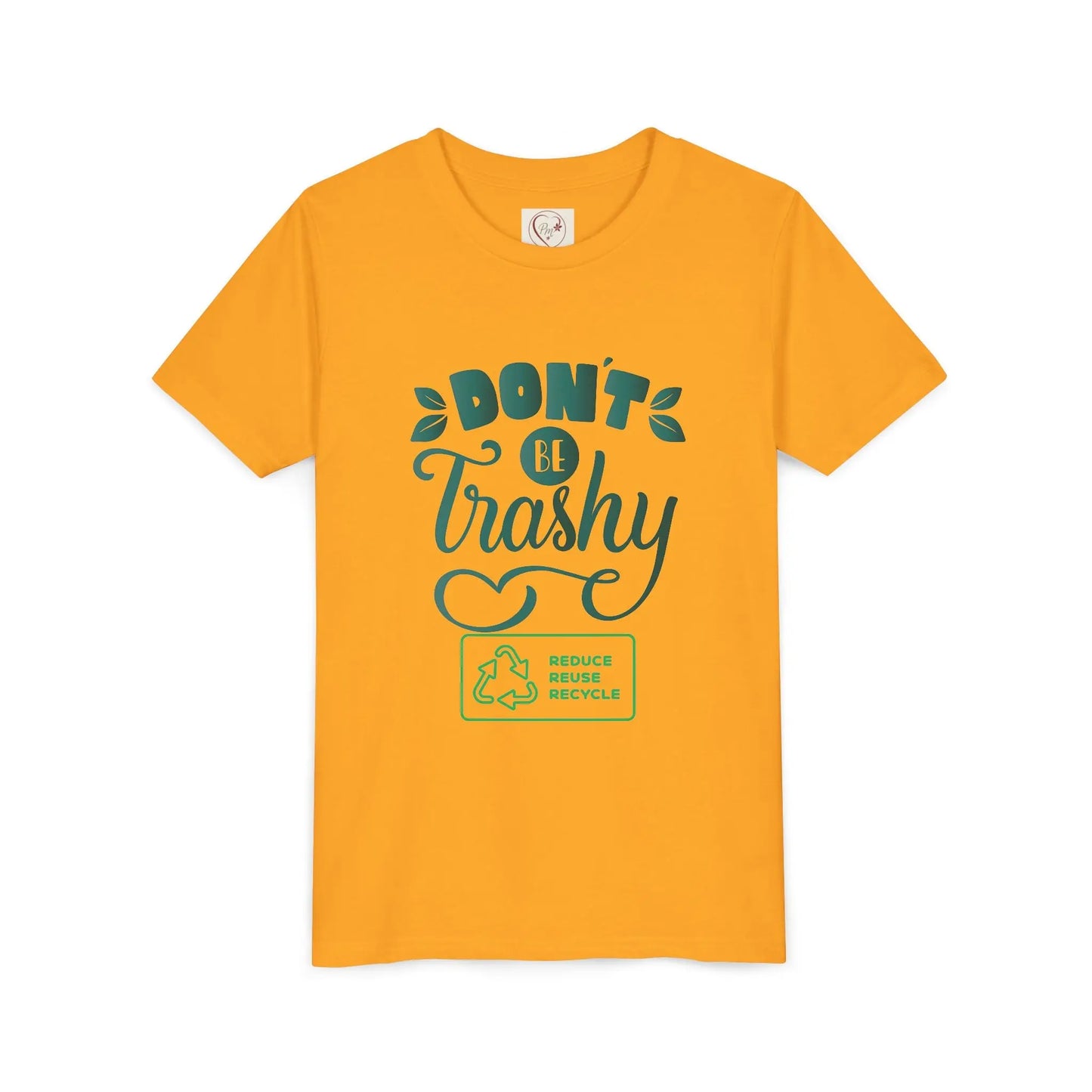 Soft cotton youth tee with Don't Be Trashy message and recycle icon. Perfect for Earth Day celebrations and eco-friendly kids. Sizes S-XL.
Gold