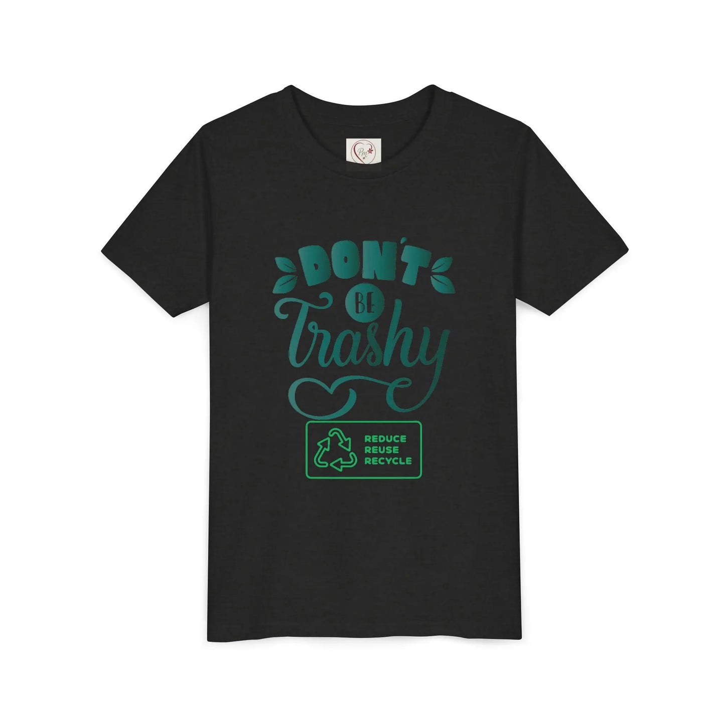 Soft cotton youth tee with Don't Be Trashy message and recycle icon. Perfect for Earth Day celebrations and eco-friendly kids. Sizes S-XL.
Heather Black