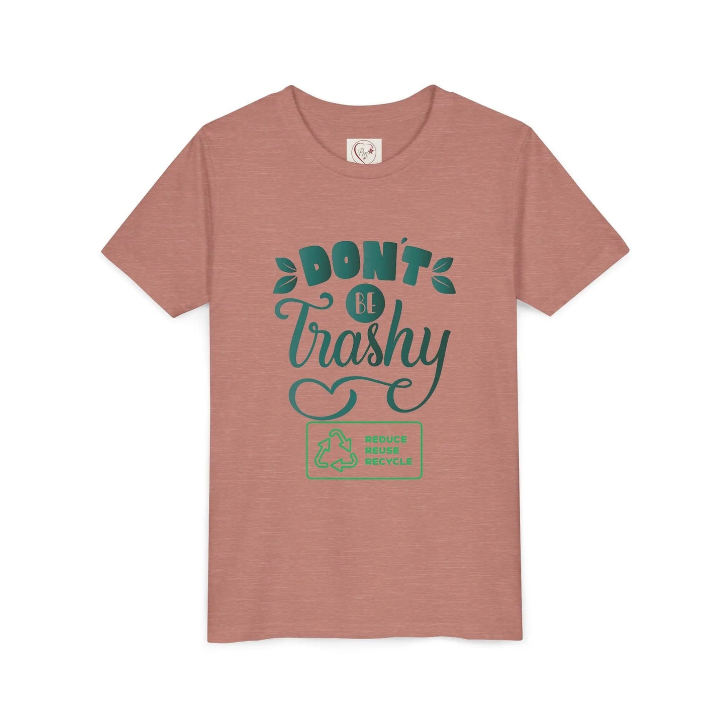Soft cotton youth tee with Don't Be Trashy message and recycle icon. Perfect for Earth Day celebrations and eco-friendly kids. Sizes S-XL.
Heather Mauve
