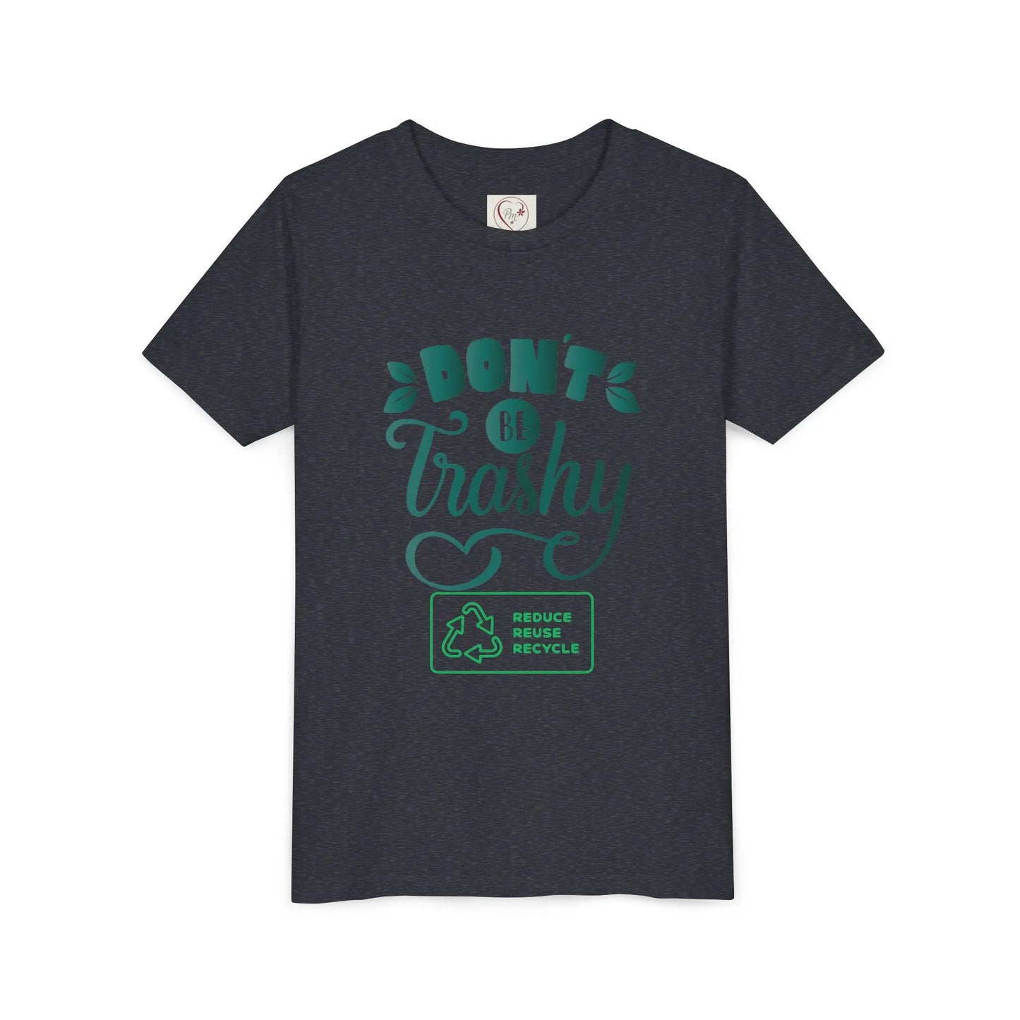Soft cotton youth tee with Don't Be Trashy message and recycle icon. Perfect for Earth Day celebrations and eco-friendly kids. Sizes S-XL.
Heather Navy