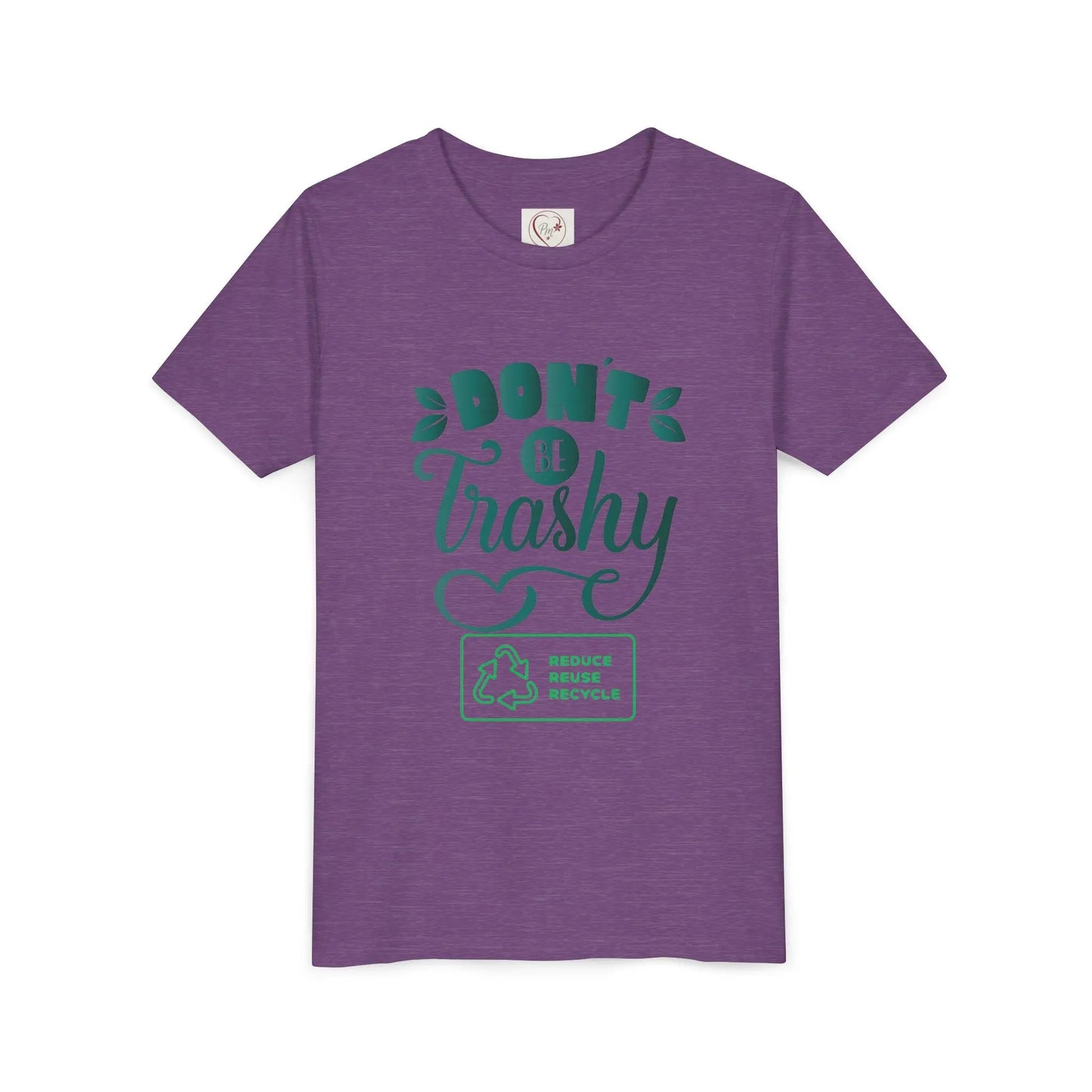 Soft cotton youth tee with Don't Be Trashy message and recycle icon. Perfect for Earth Day celebrations and eco-friendly kids. Sizes S-XL.
Heather Team Purple