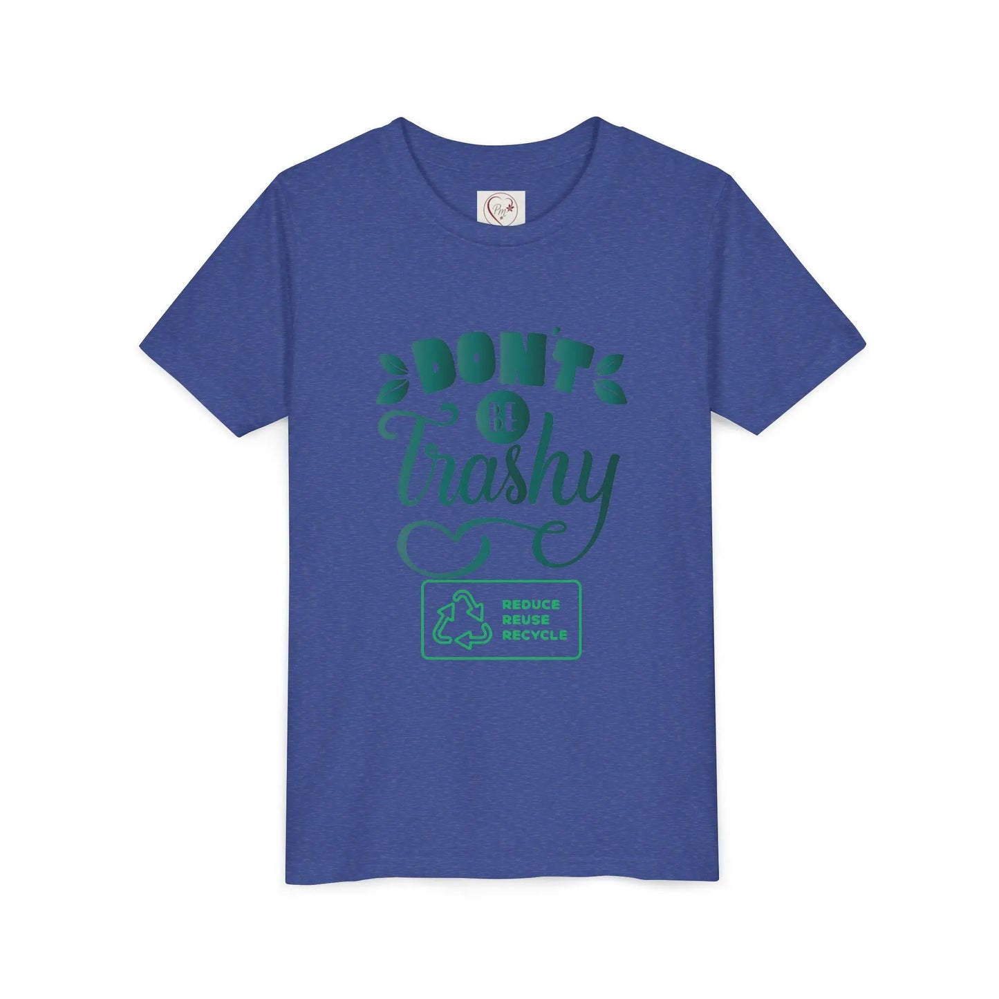 Soft cotton youth tee with Don't Be Trashy message and recycle icon. Perfect for Earth Day celebrations and eco-friendly kids. Sizes S-XL.
Heather True Royal