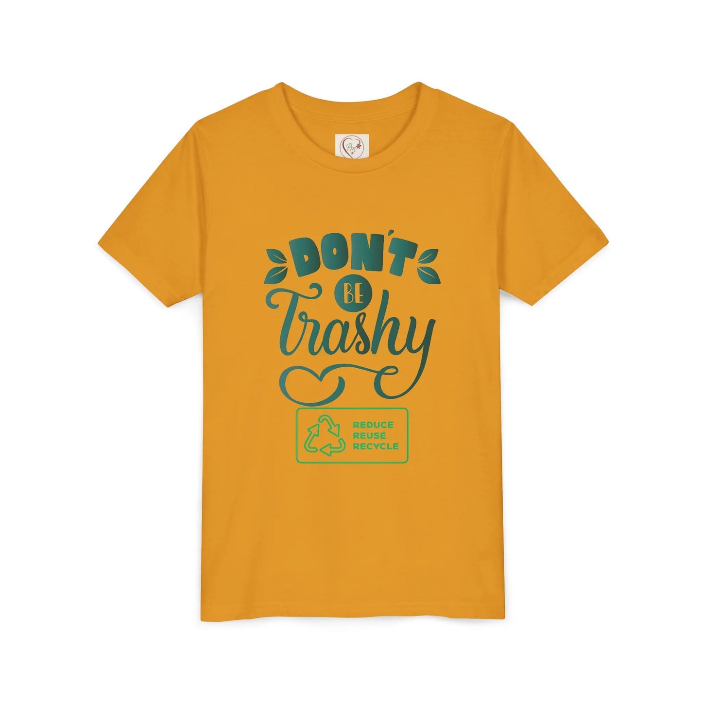 Soft cotton youth tee with Don't Be Trashy message and recycle icon. Perfect for Earth Day celebrations and eco-friendly kids. Sizes S-XL.
Mustard
