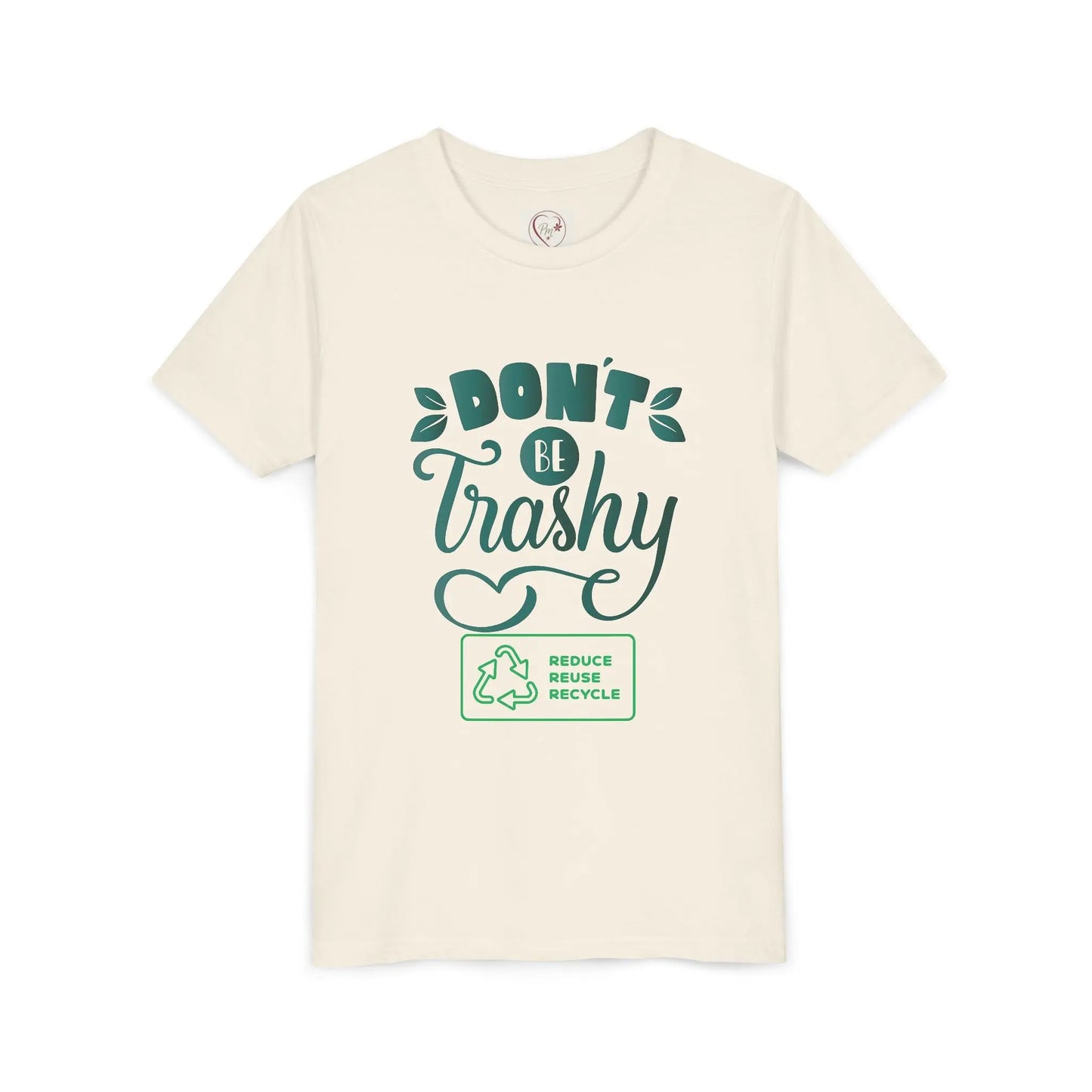 Soft cotton youth tee with Don't Be Trashy message and recycle icon. Perfect for Earth Day celebrations and eco-friendly kids. Sizes S-XL.
Natural