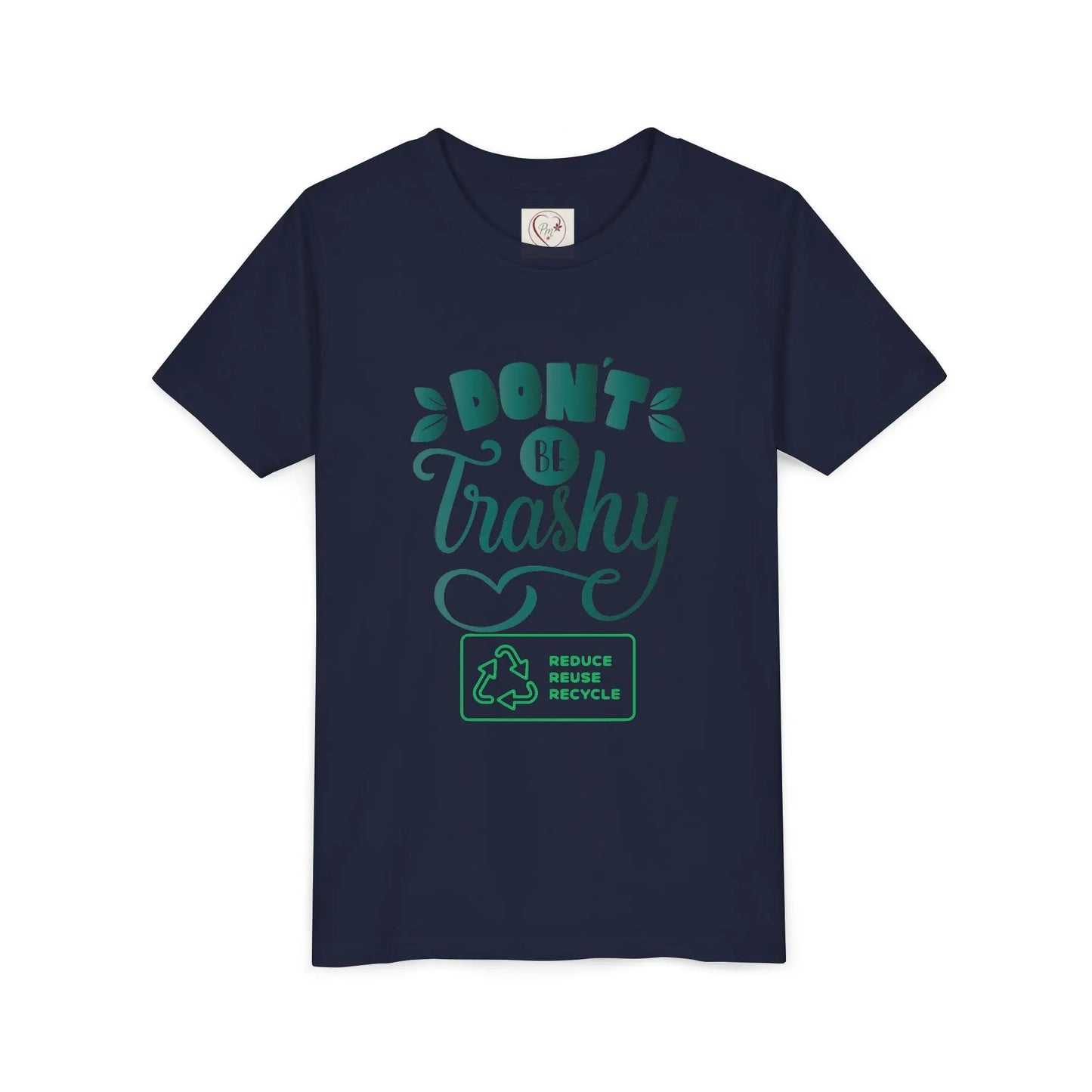 Soft cotton youth tee with Don't Be Trashy message and recycle icon. Perfect for Earth Day celebrations and eco-friendly kids. Sizes S-XL.
Navy