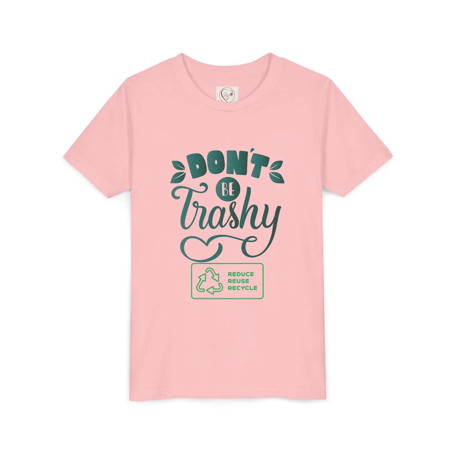 Soft cotton youth tee with Don't Be Trashy message and recycle icon. Perfect for Earth Day celebrations and eco-friendly kids. Sizes S-XL.
Pink