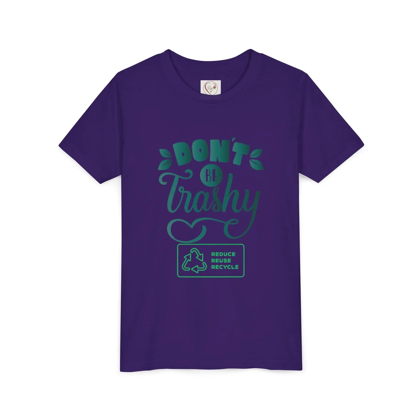 Soft cotton youth tee with Don't Be Trashy message and recycle icon. Perfect for Earth Day celebrations and eco-friendly kids. Sizes S-XL.
Team Purple