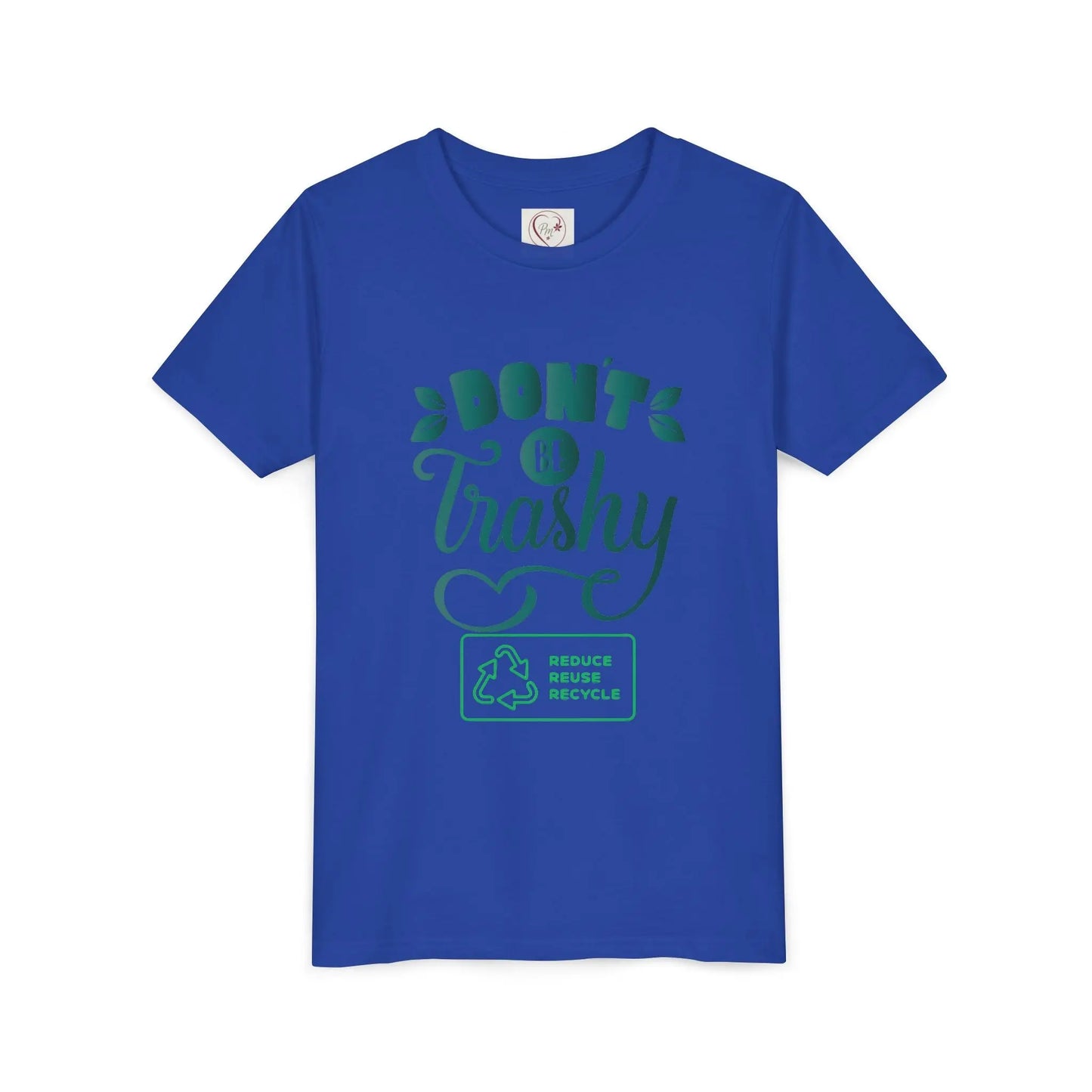 Soft cotton youth tee with Don't Be Trashy message and recycle icon. Perfect for Earth Day celebrations and eco-friendly kids. Sizes S-XL.
True Royal