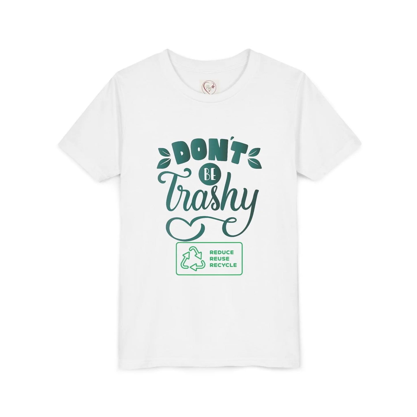 Soft cotton youth tee with Don't Be Trashy message and recycle icon. Perfect for Earth Day celebrations and eco-friendly kids. Sizes S-XL.
White