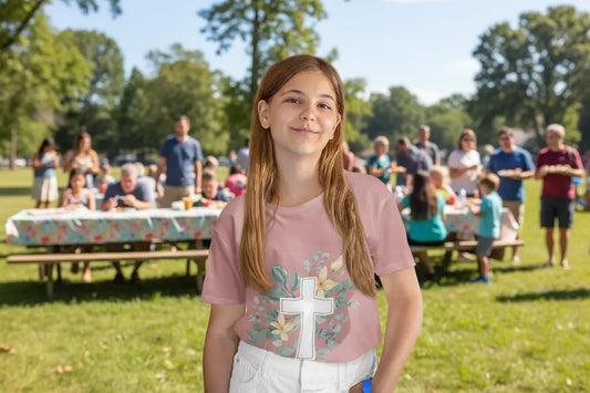 Youth wearing floral cross tee with watercolor cross and eucalyptus design, heather mauve
