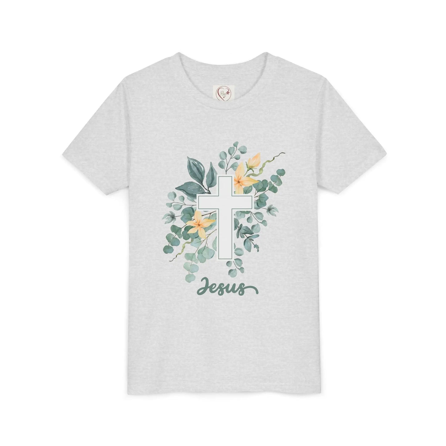 Soft cotton youth tee with watercolor cross, eucalyptus, and blossoms. Perfect for Easter, church, and faith-based celebrations. Sizes S-XL. Ash
