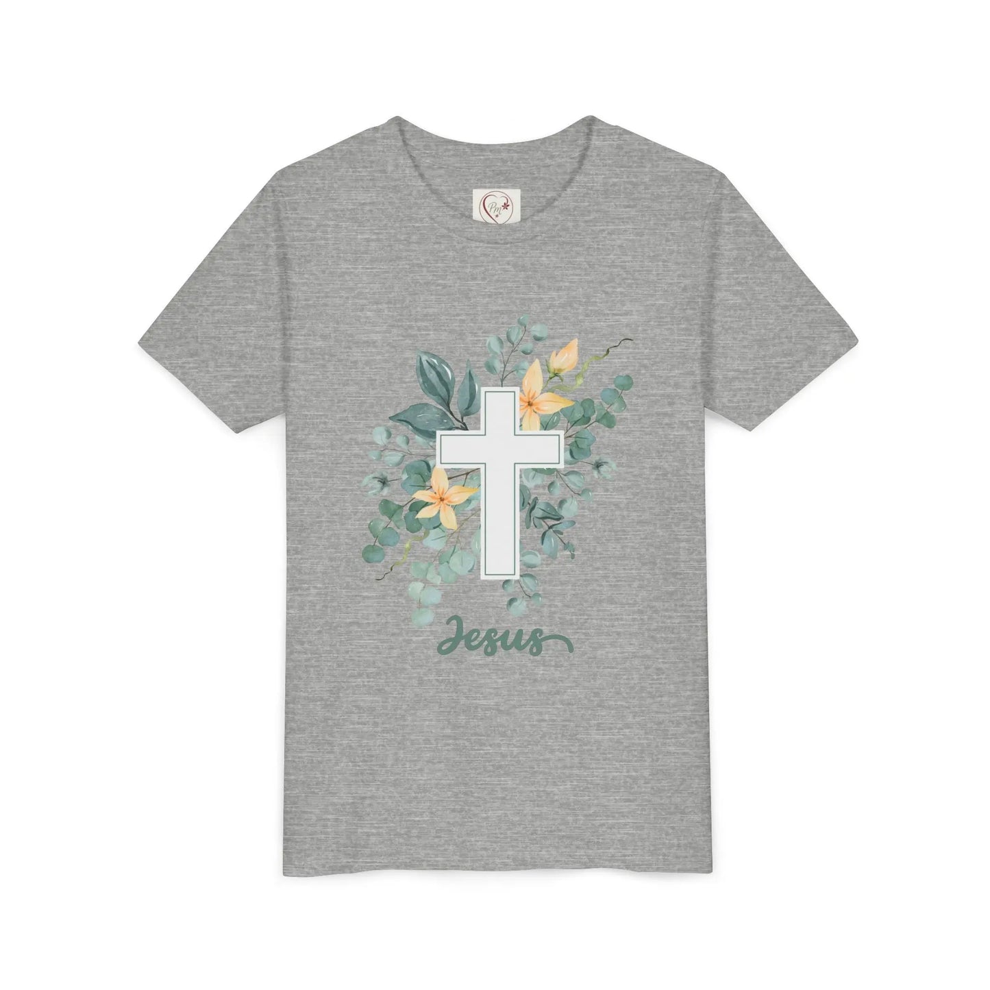 Soft cotton youth tee with watercolor cross, eucalyptus, and blossoms. Perfect for Easter, church, and faith-based celebrations. Sizes S-XL. Athletic Heather

