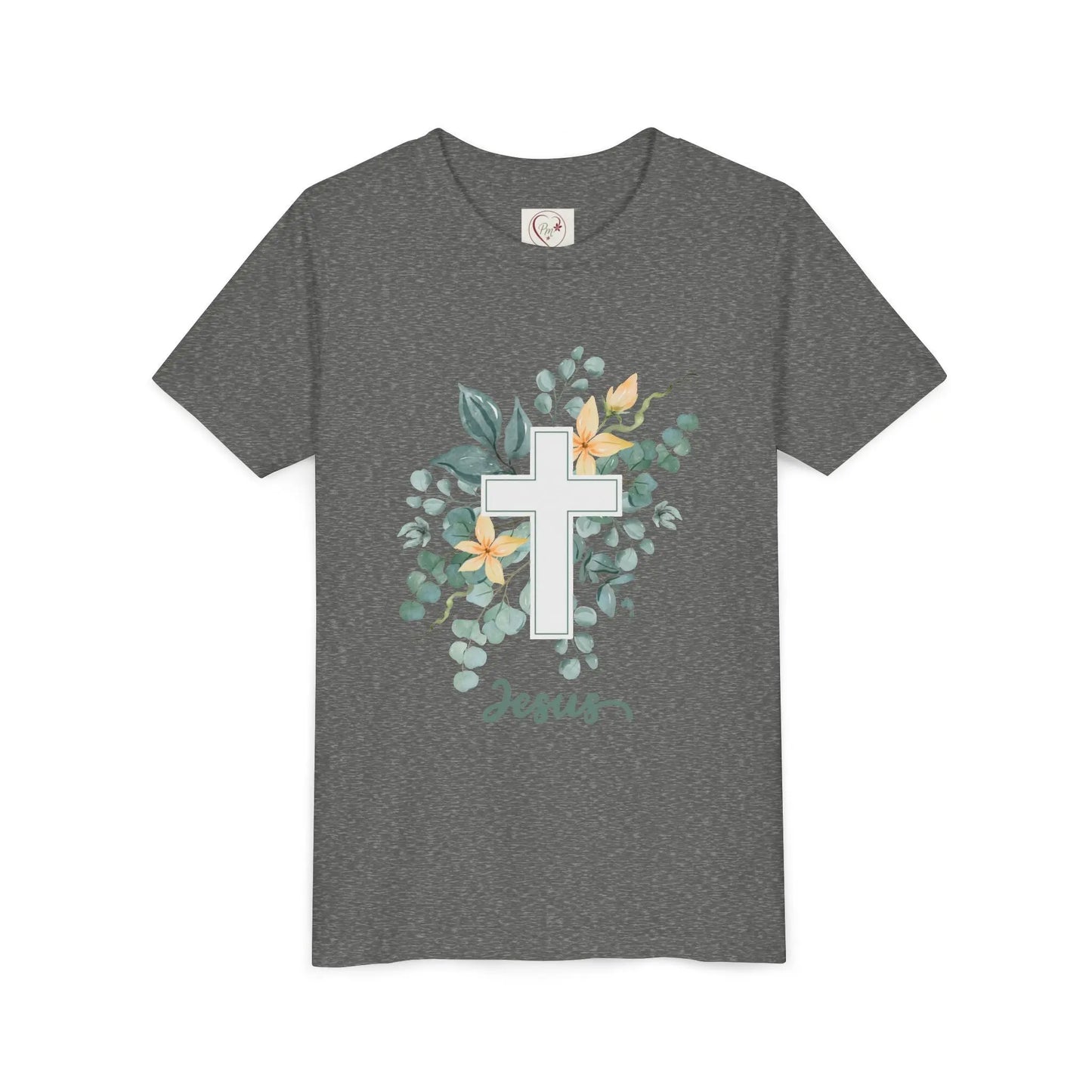 Soft cotton youth tee with watercolor cross, eucalyptus, and blossoms. Perfect for Easter, church, and faith-based celebrations. Sizes S-XL. Deep Heather
