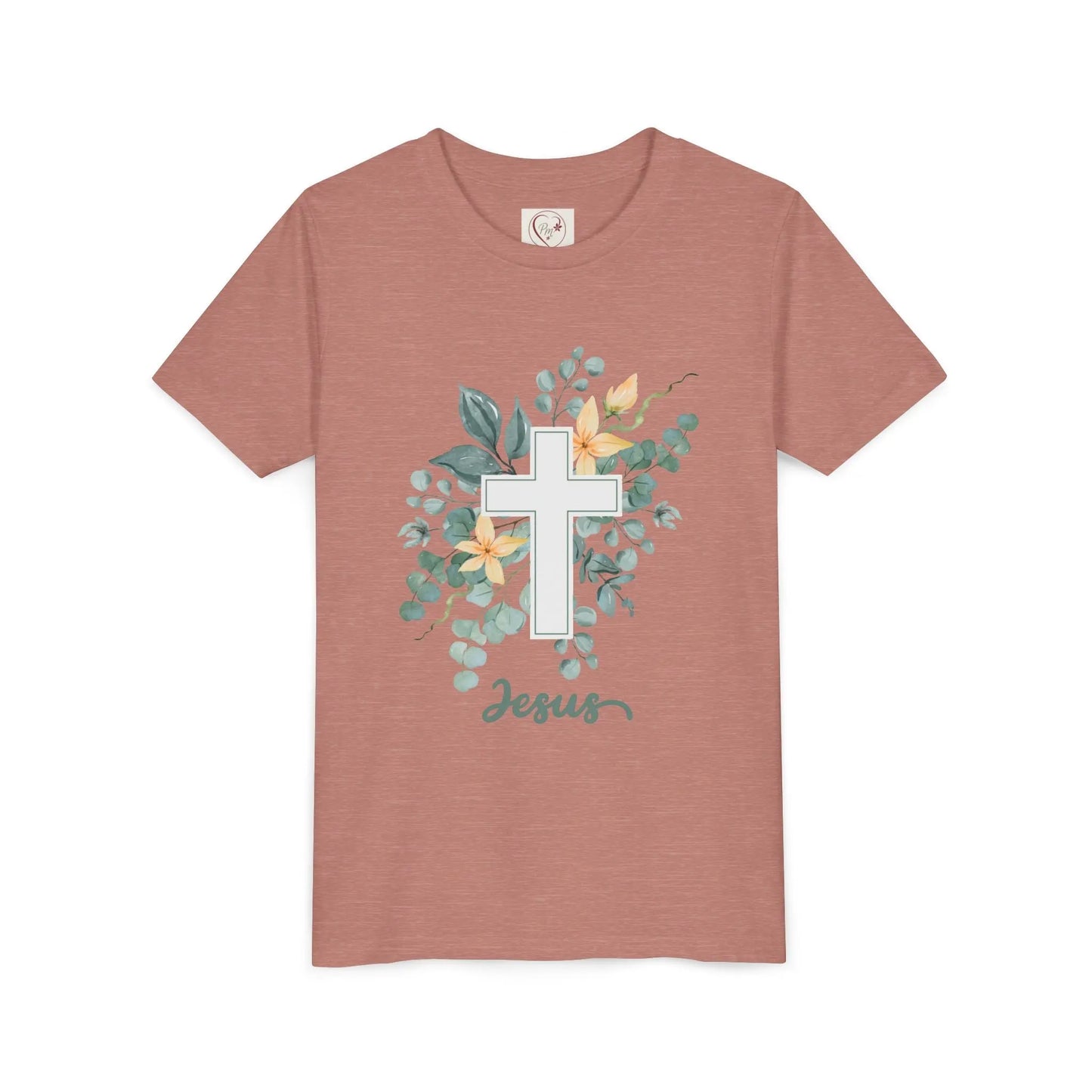 Soft cotton youth tee with watercolor cross, eucalyptus, and blossoms. Perfect for Easter, church, and faith-based celebrations. Sizes S-XL. Heather Mauve
