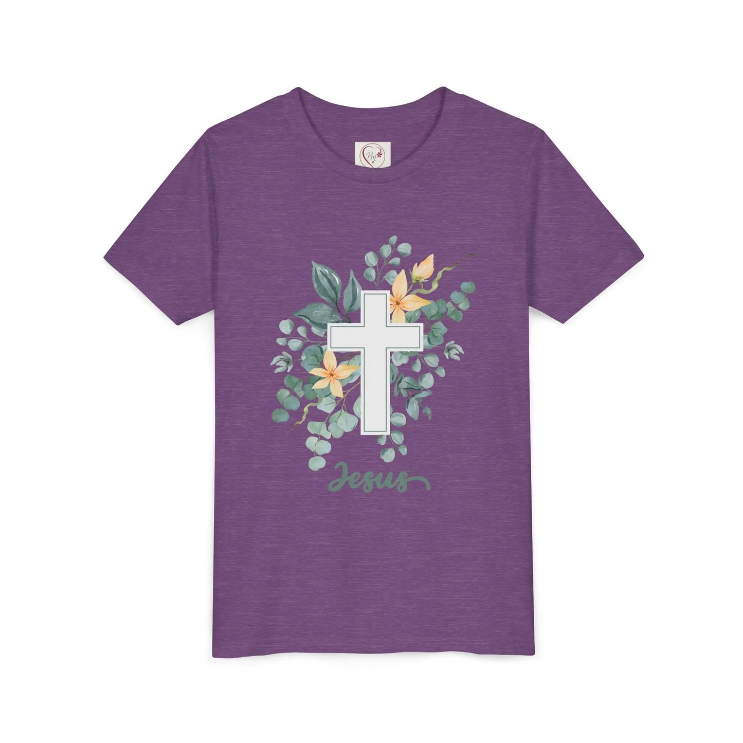 Soft cotton youth tee with watercolor cross, eucalyptus, and blossoms. Perfect for Easter, church, and faith-based celebrations. Sizes S-XL. Heather Team Purple
