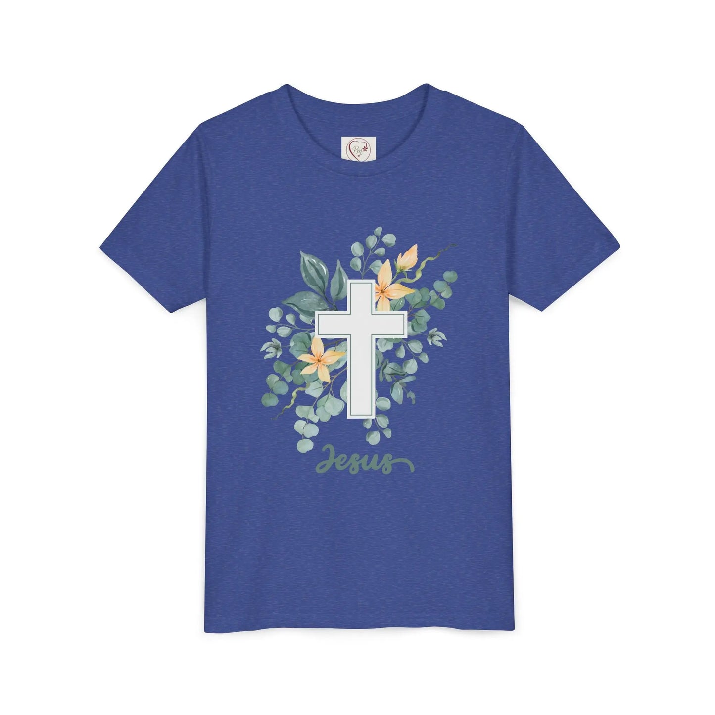 Soft cotton youth tee with watercolor cross, eucalyptus, and blossoms. Perfect for Easter, church, and faith-based celebrations. Sizes S-XL. Heather True Royal