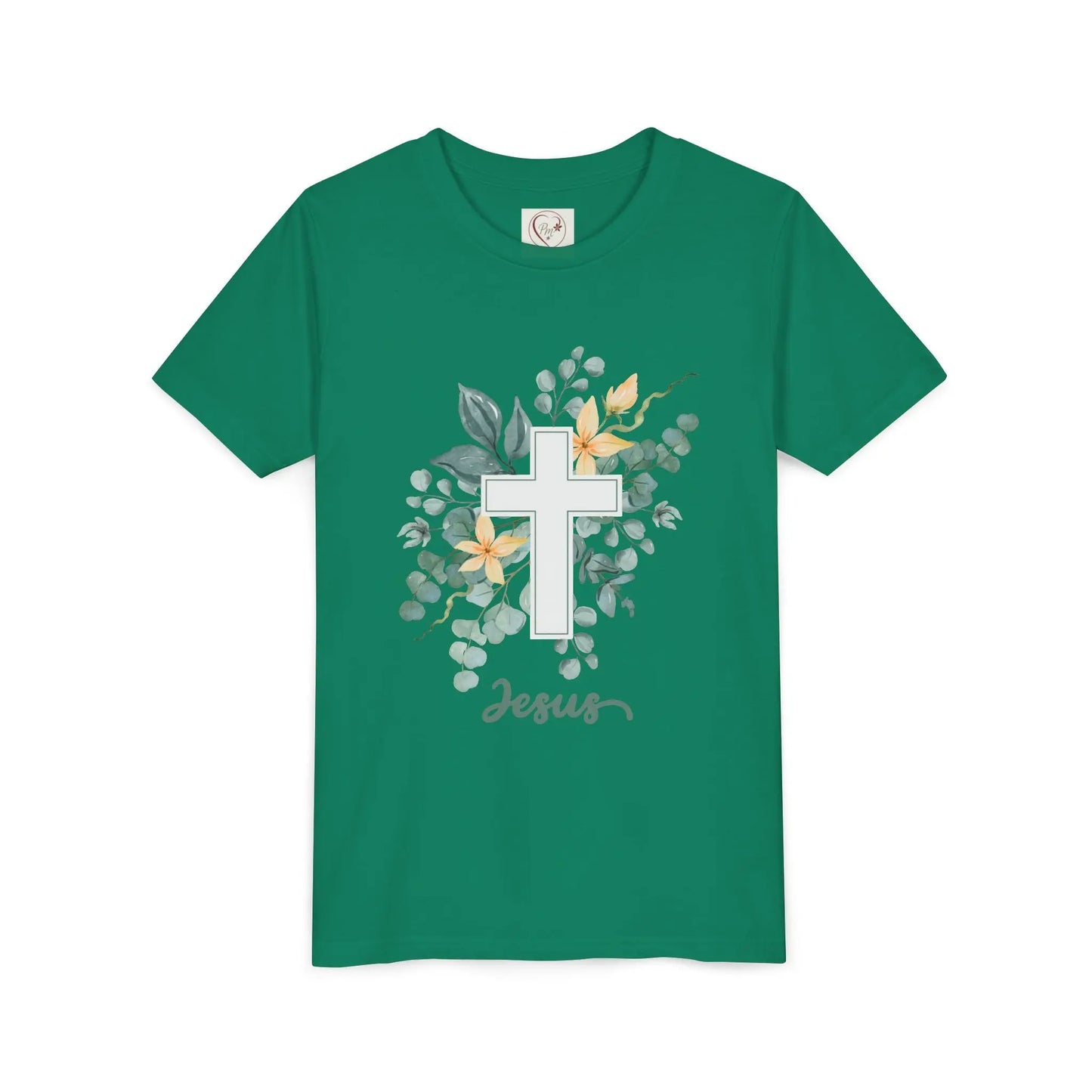 Soft cotton youth tee with watercolor cross, eucalyptus, and blossoms. Perfect for Easter, church, and faith-based celebrations. Sizes S-XL. Kelly Green
