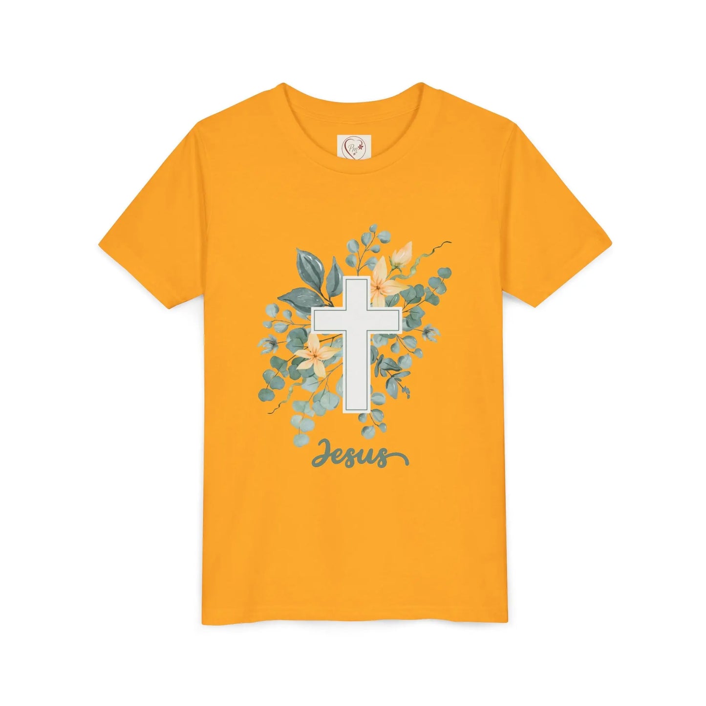 Soft cotton youth tee with watercolor cross, eucalyptus, and blossoms. Perfect for Easter, church, and faith-based celebrations. Sizes S-XL. Mustard
