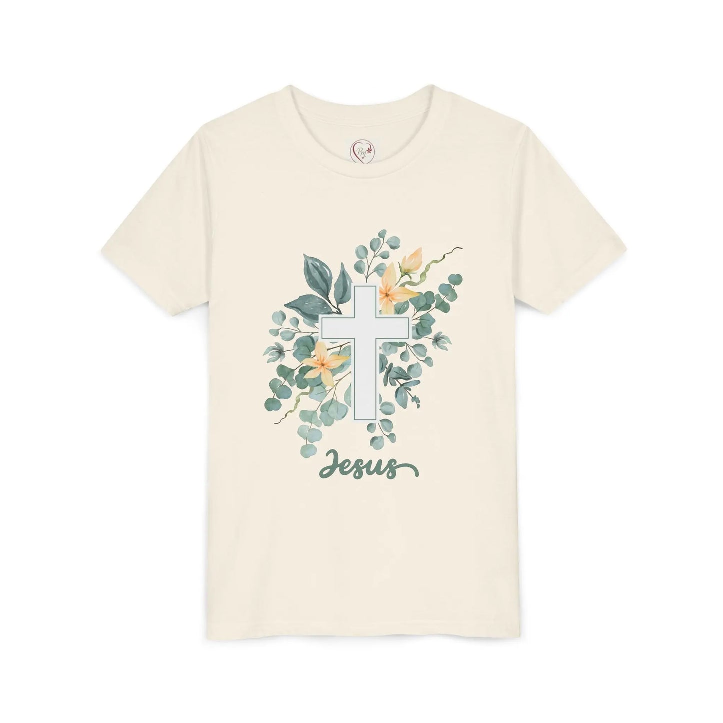 Soft cotton youth tee with watercolor cross, eucalyptus, and blossoms. Perfect for Easter, church, and faith-based celebrations. Sizes S-XL. Natural
