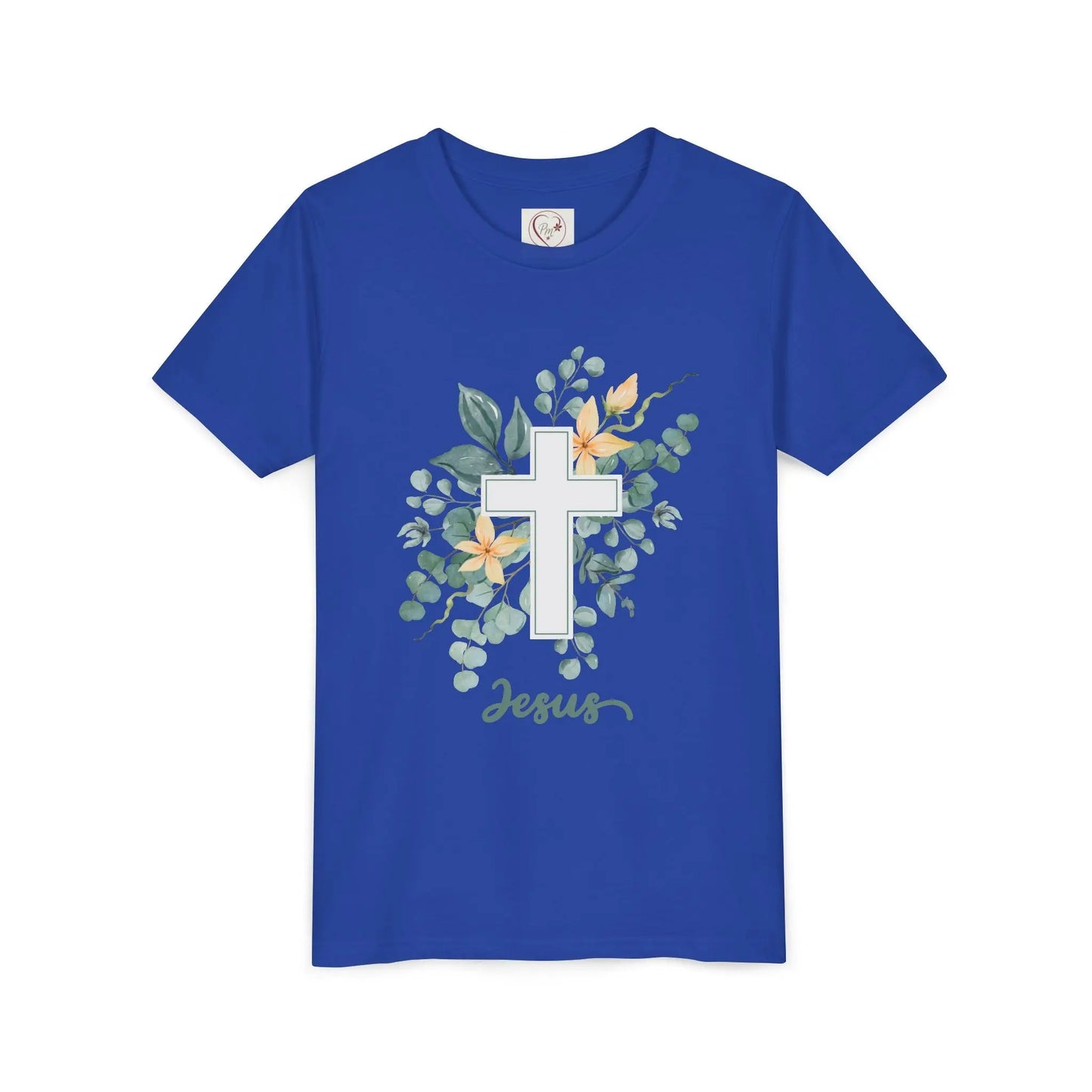 Soft cotton youth tee with watercolor cross, eucalyptus, and blossoms. Perfect for Easter, church, and faith-based celebrations. Sizes S-XL. True Royal
