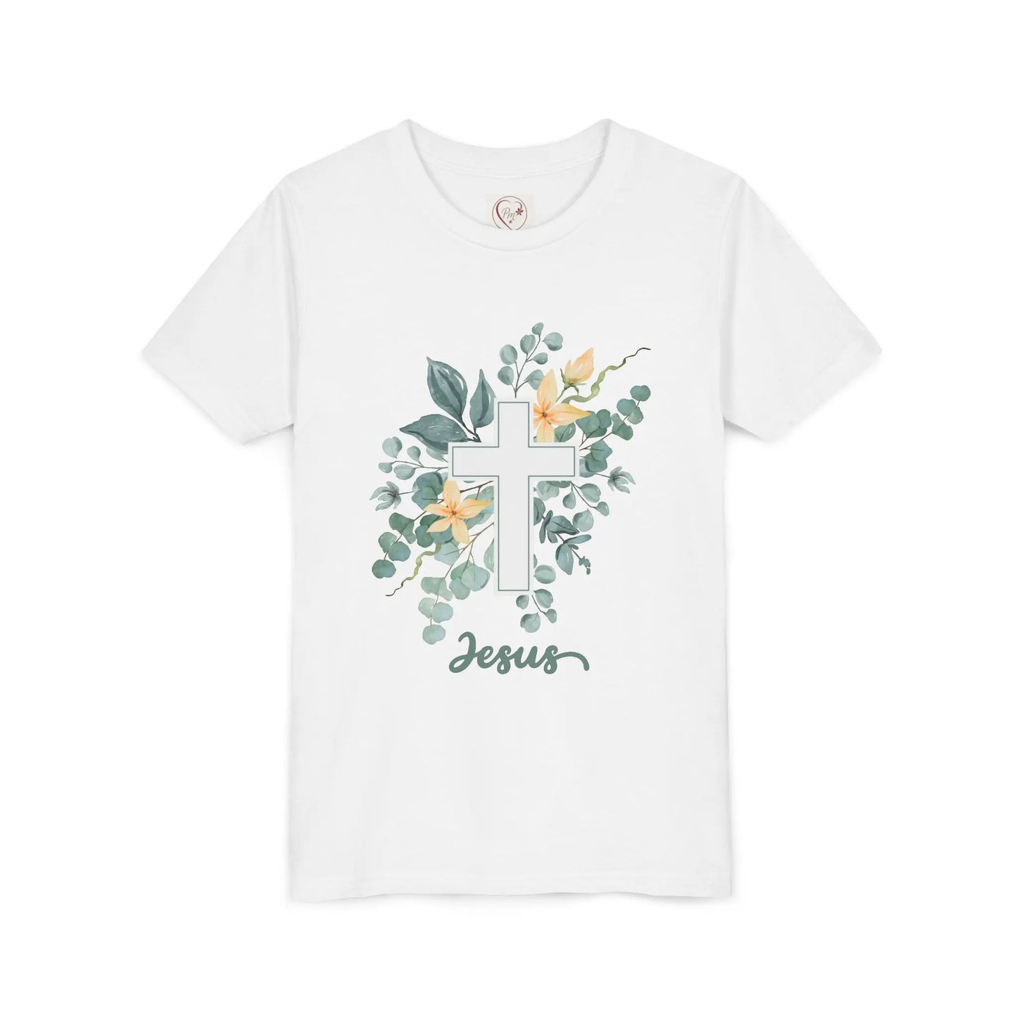 Soft cotton youth tee with watercolor cross, eucalyptus, and blossoms. Perfect for Easter, church, and faith-based celebrations. Sizes S-XL.
White