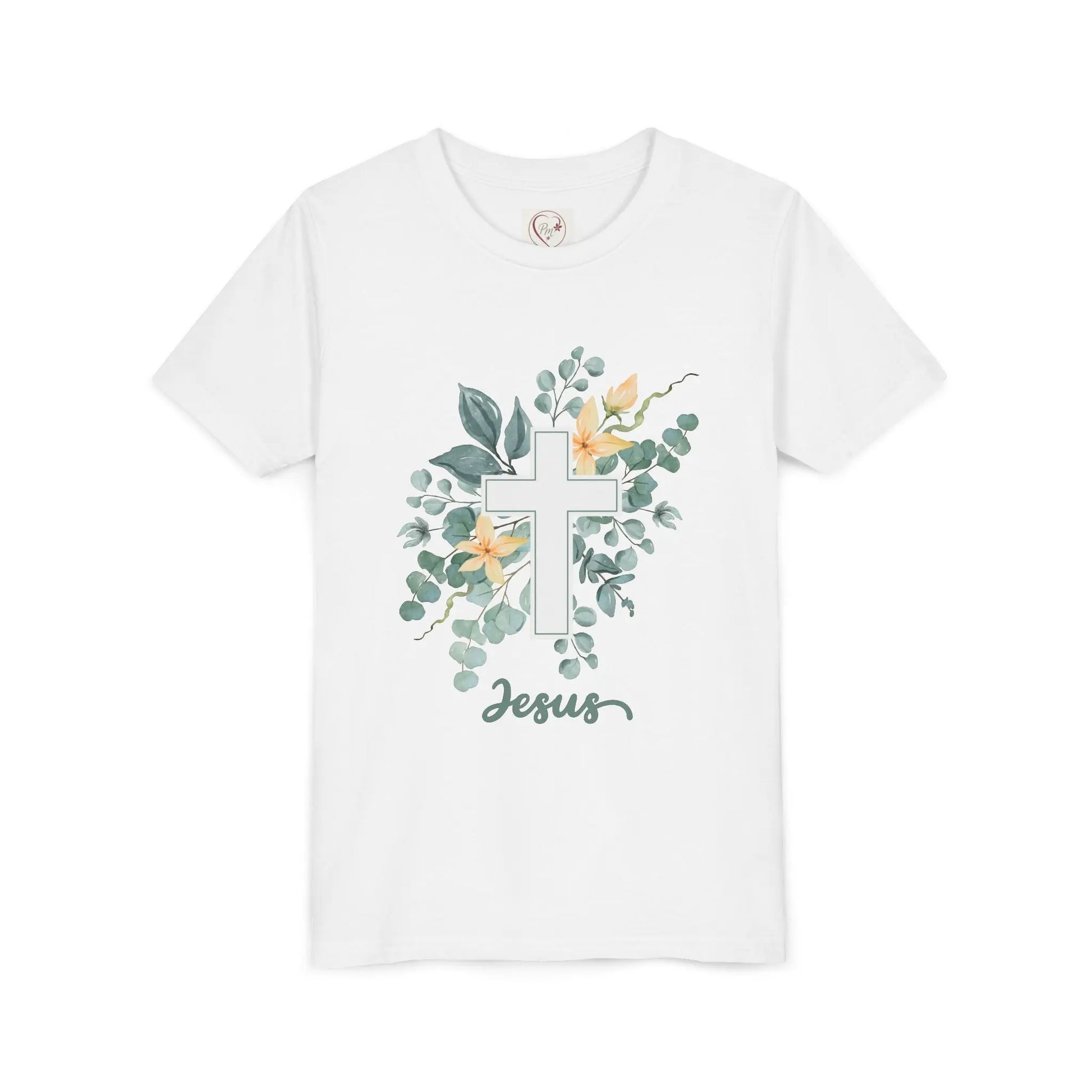 Soft cotton youth tee with watercolor cross, eucalyptus, and blossoms. Perfect for Easter, church, and faith-based celebrations. Sizes S-XL.
White