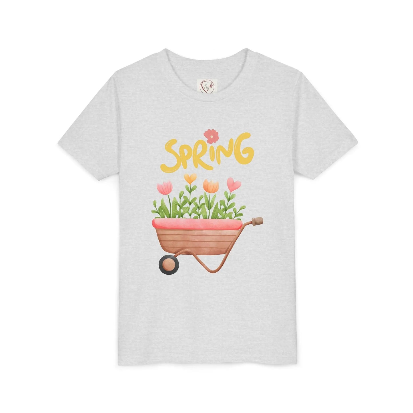 Soft cotton youth tee with blooming tulips in wheelbarrow and Hello Spring design with blue bird. Perfect for spring celebrations. Sizes S-XL. Ash