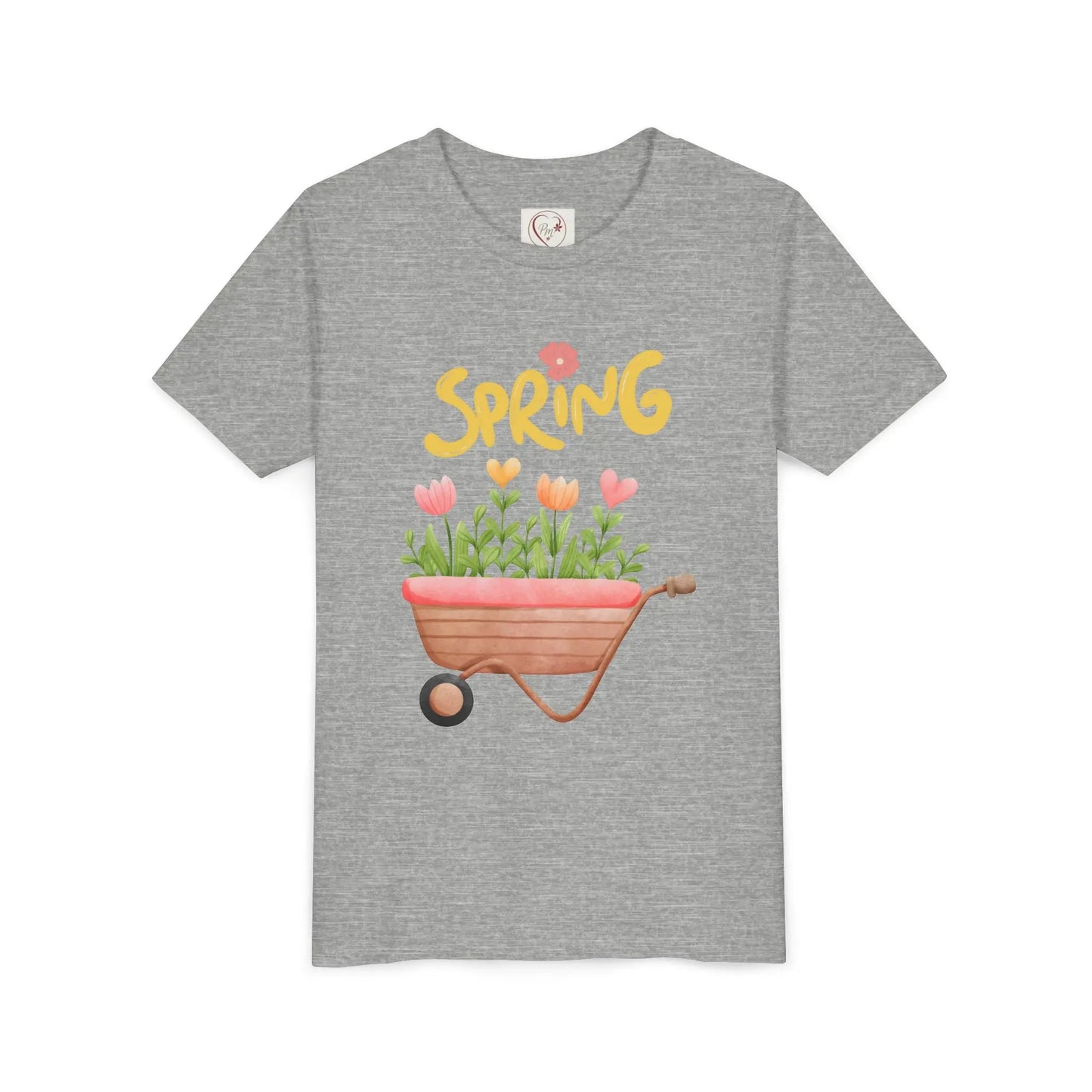 Soft cotton youth tee with blooming tulips in wheelbarrow and Hello Spring design with blue bird. Perfect for spring celebrations. Sizes S-XL.
Athletic Heather