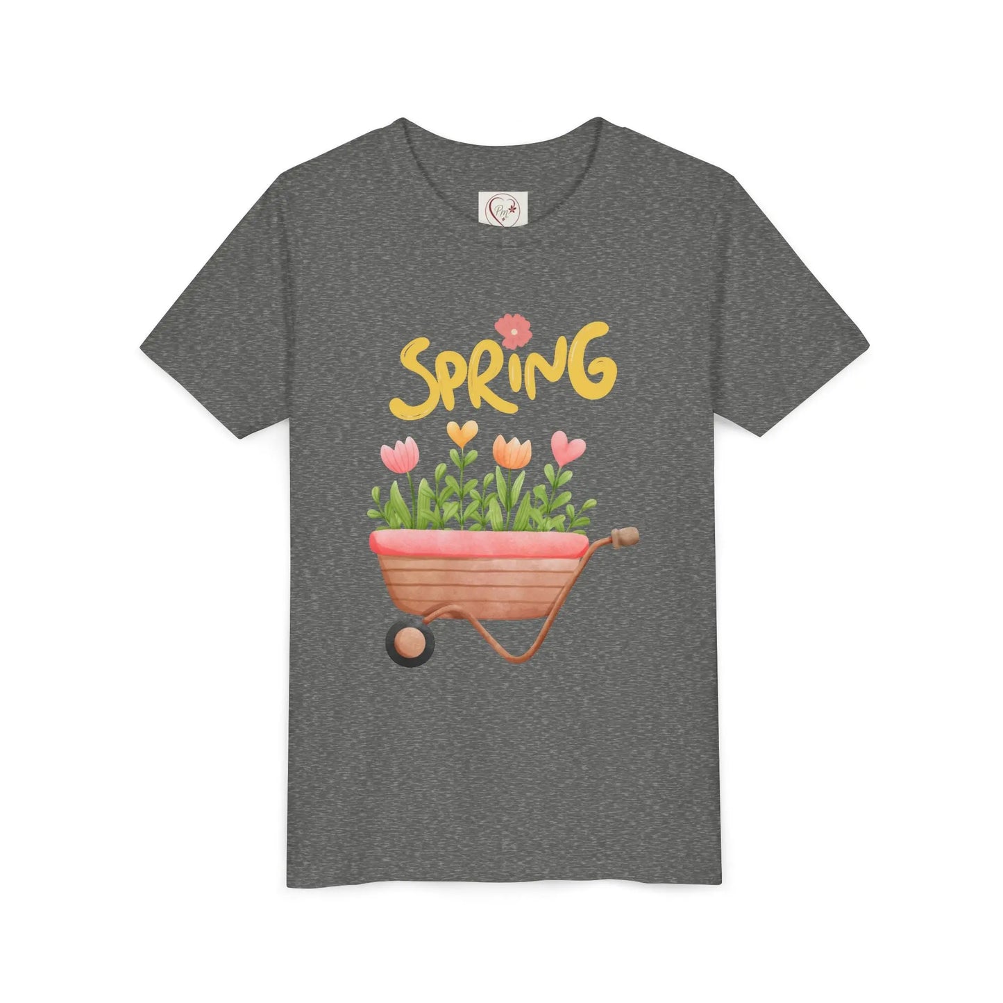 Soft cotton youth tee with blooming tulips in wheelbarrow and Hello Spring design with blue bird. Perfect for spring celebrations. Sizes S-XL.
Deep Heather