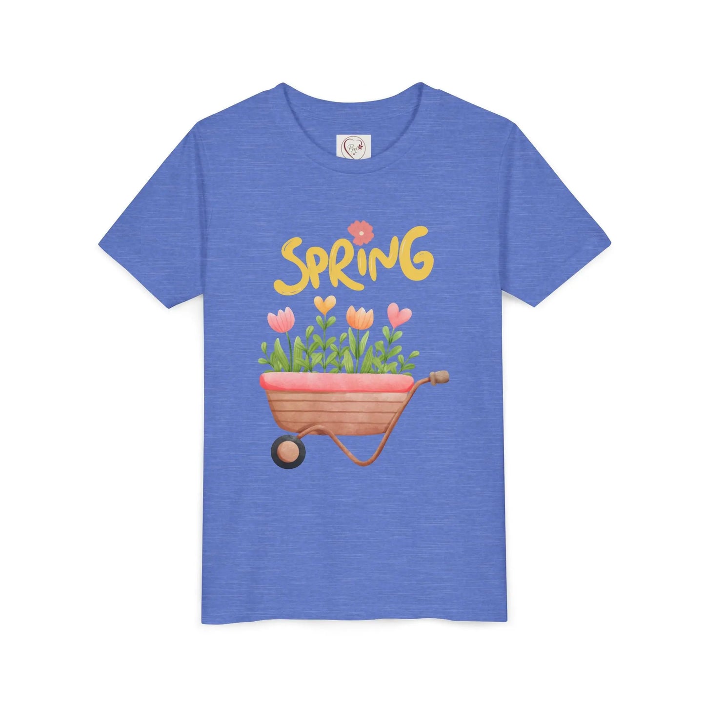 Soft cotton youth tee with blooming tulips in wheelbarrow and Hello Spring design with blue bird. Perfect for spring celebrations. Sizes S-XL.
Heather Columbia Blue