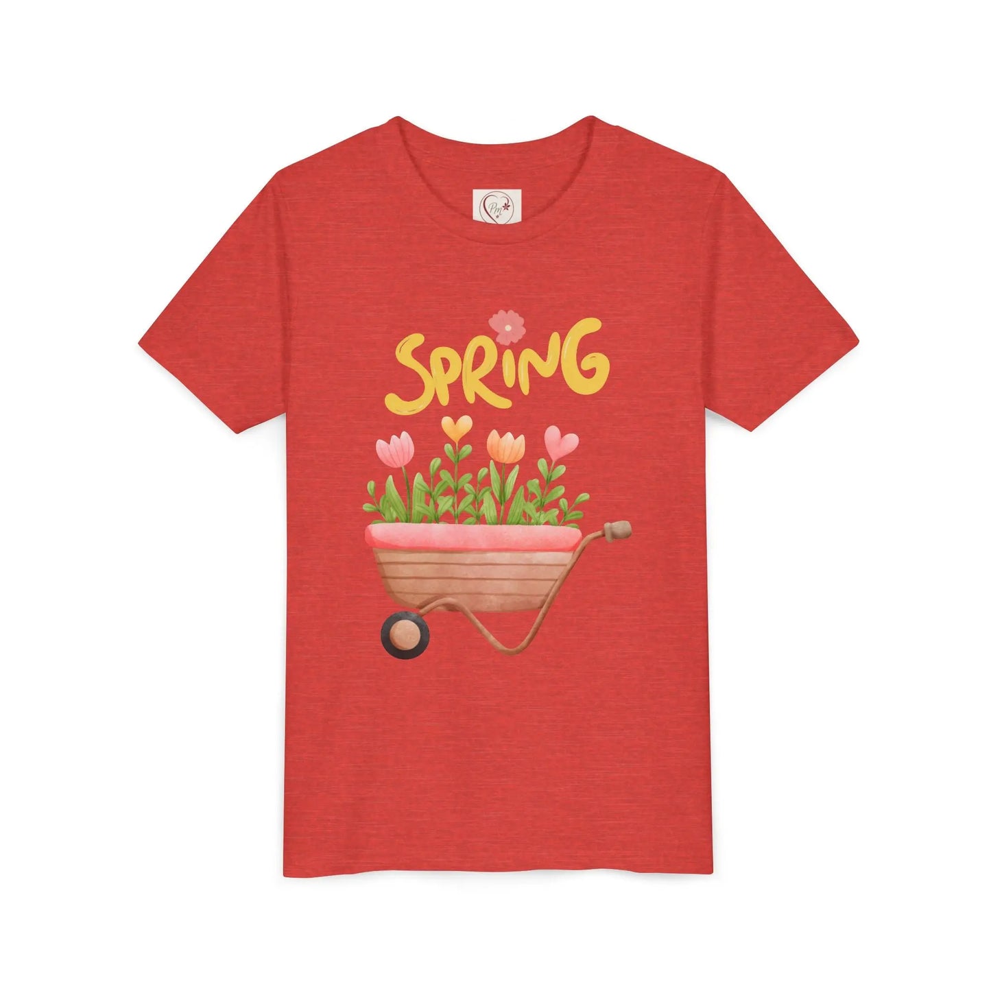 Soft cotton youth tee with blooming tulips in wheelbarrow and Hello Spring design with blue bird. Perfect for spring celebrations. Sizes S-XL.
Heather Red