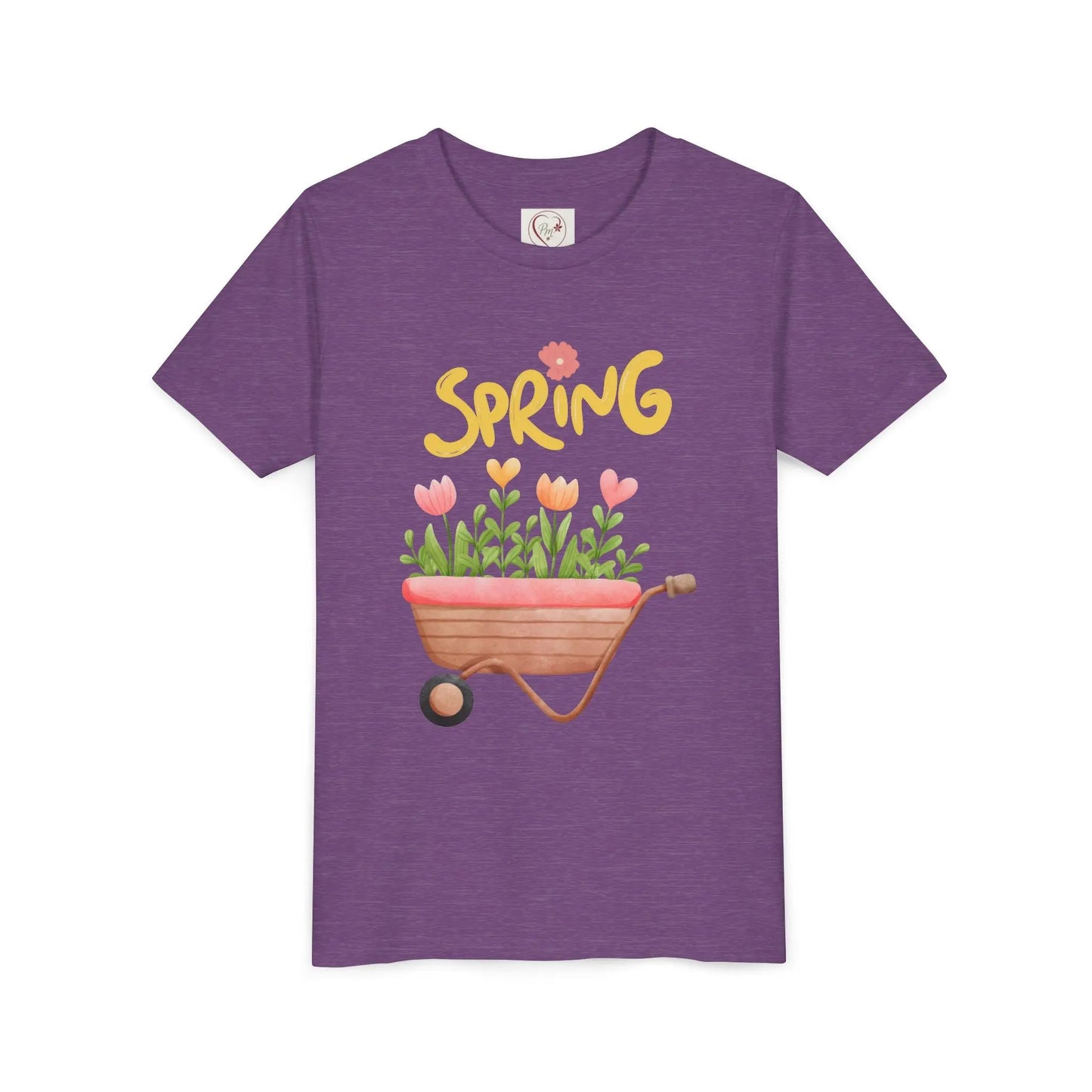 Soft cotton youth tee with blooming tulips in wheelbarrow and Hello Spring design with blue bird. Perfect for spring celebrations. Sizes S-XL.
Heather Team Purple