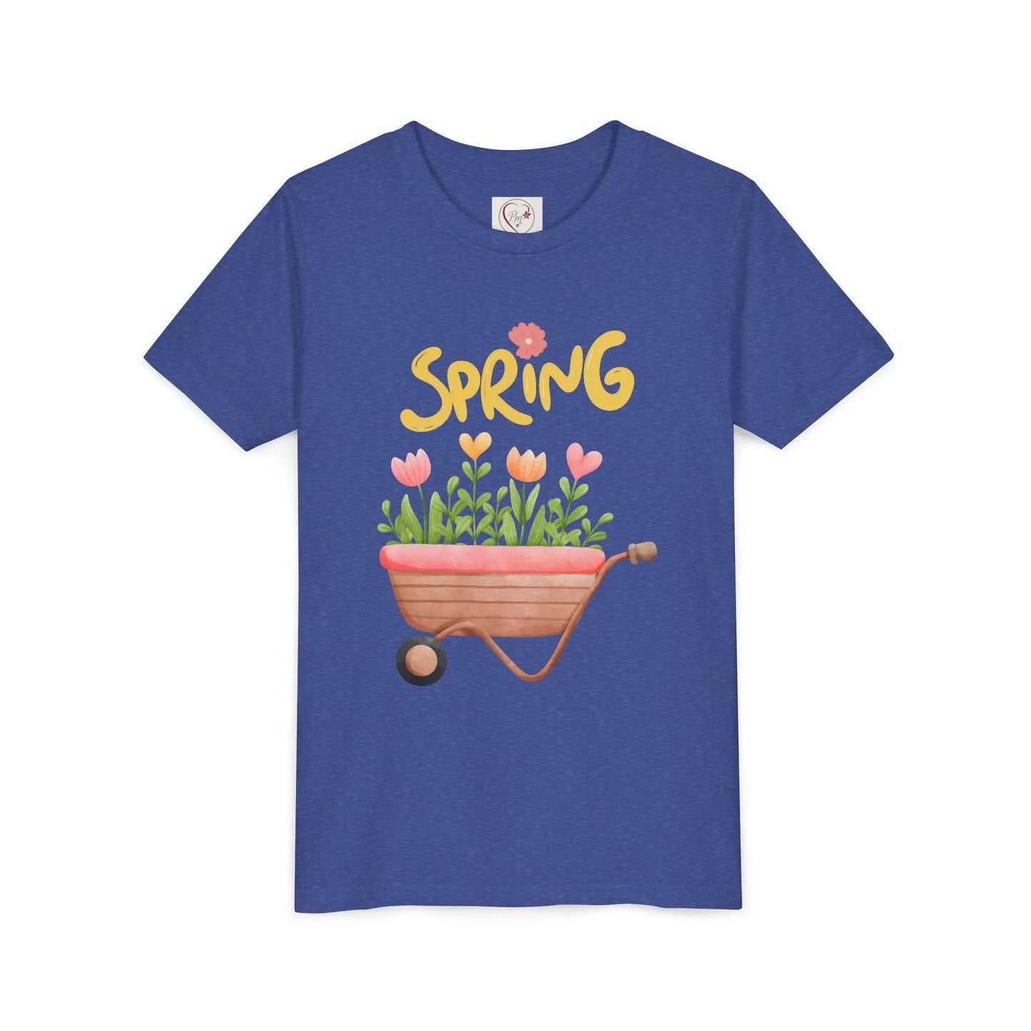 Soft cotton youth tee with blooming tulips in wheelbarrow and Hello Spring design with blue bird. Perfect for spring celebrations. Sizes S-XL.
Heather True Royal