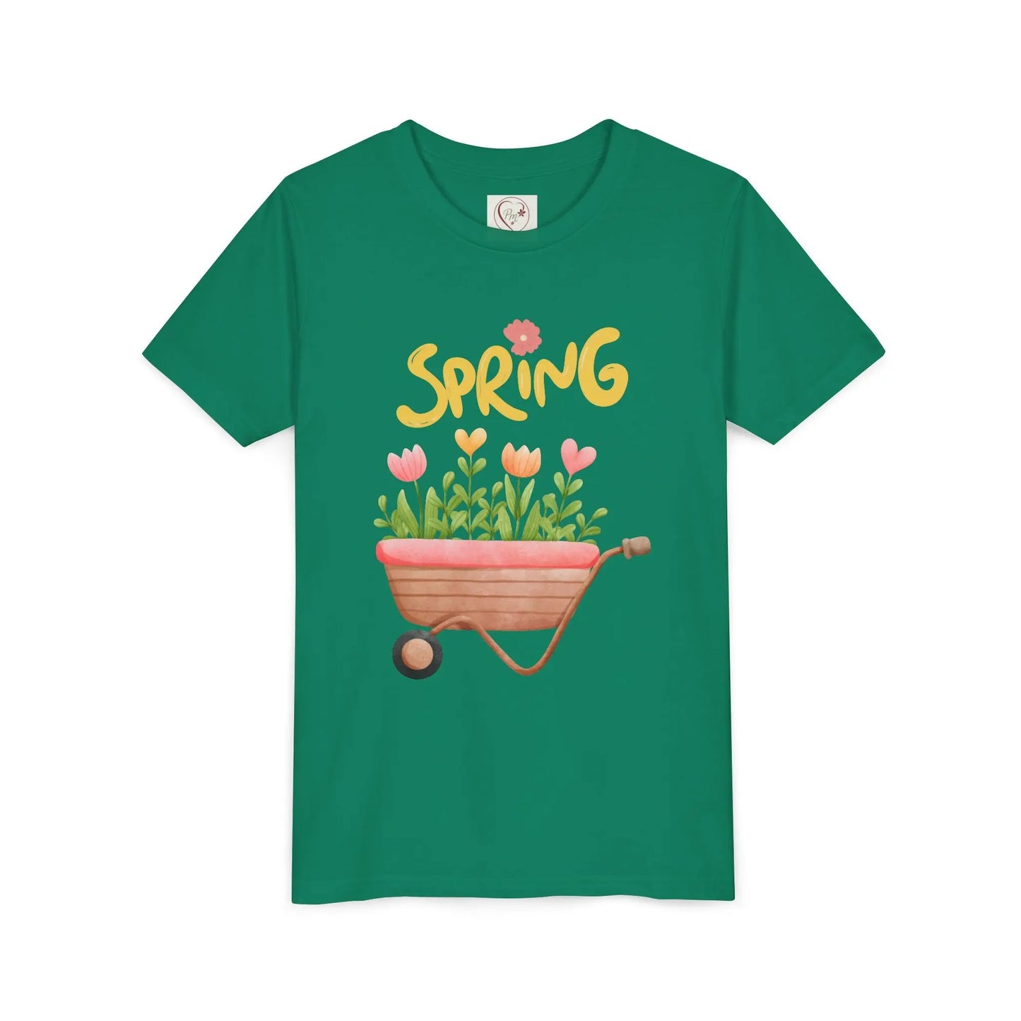 Soft cotton youth tee with blooming tulips in wheelbarrow and Hello Spring design with blue bird. Perfect for spring celebrations. Sizes S-XL.
Kelly Green