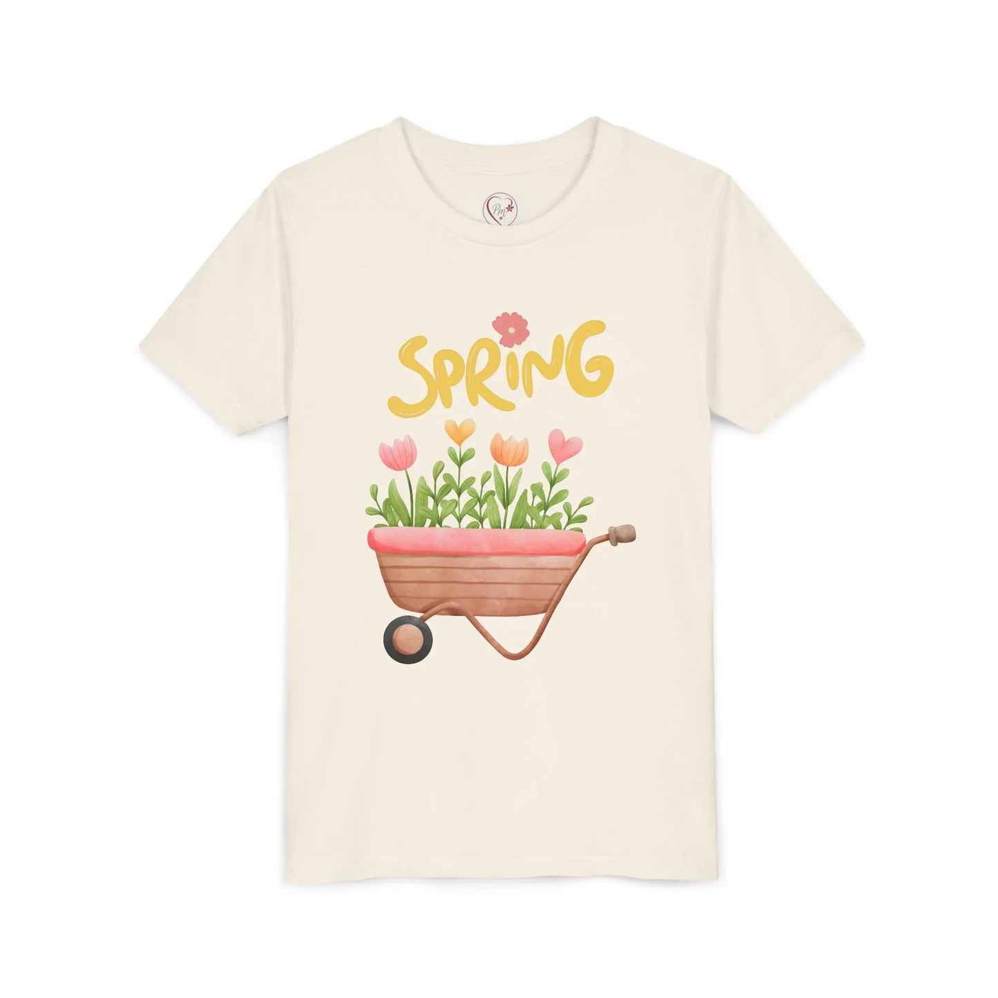 Soft cotton youth tee with blooming tulips in wheelbarrow and Hello Spring design with blue bird. Perfect for spring celebrations. Sizes S-XL.
Natural