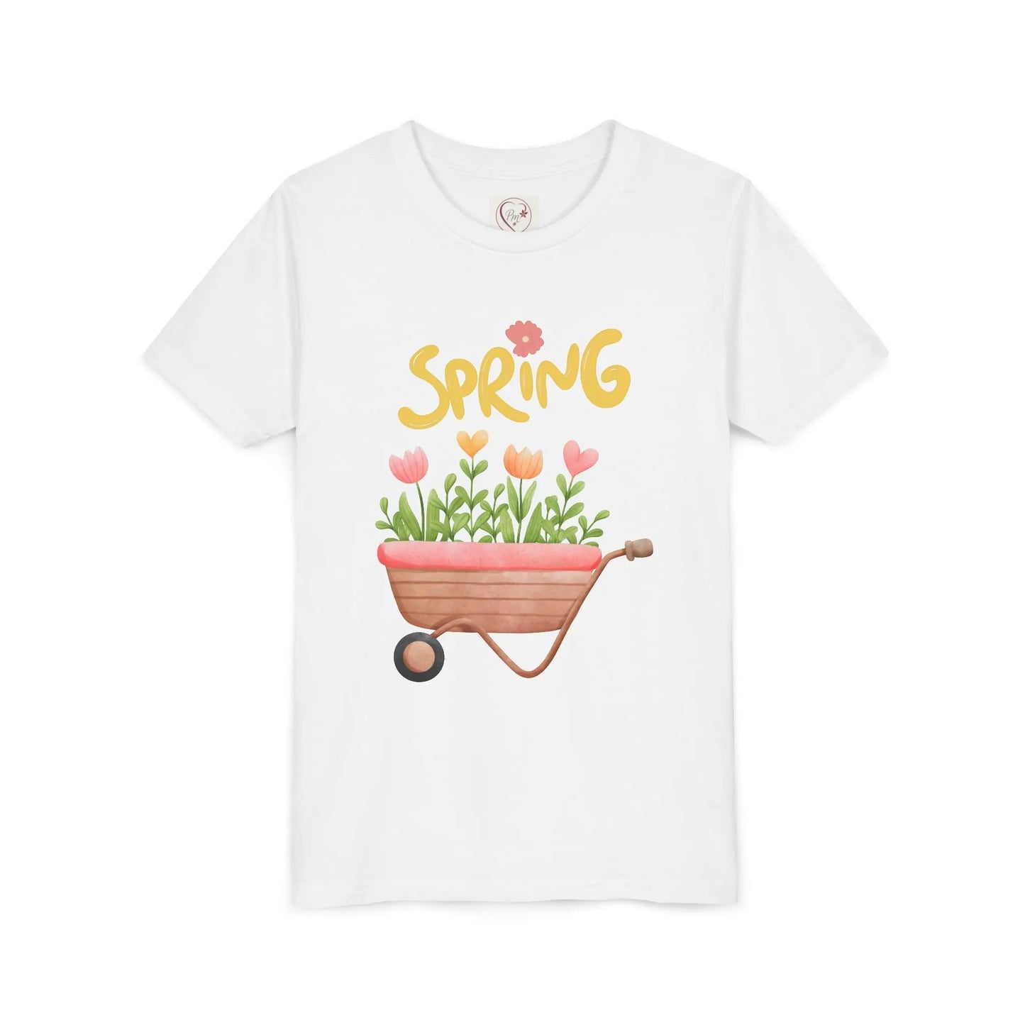 Soft cotton youth tee with blooming tulips in wheelbarrow and Hello Spring design with blue bird. Perfect for spring celebrations. Sizes S-XL.
White