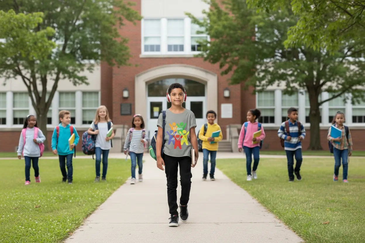 Youth wearing rainbow diversity tee with colorful figures celebrating togetherness, Asphalt

